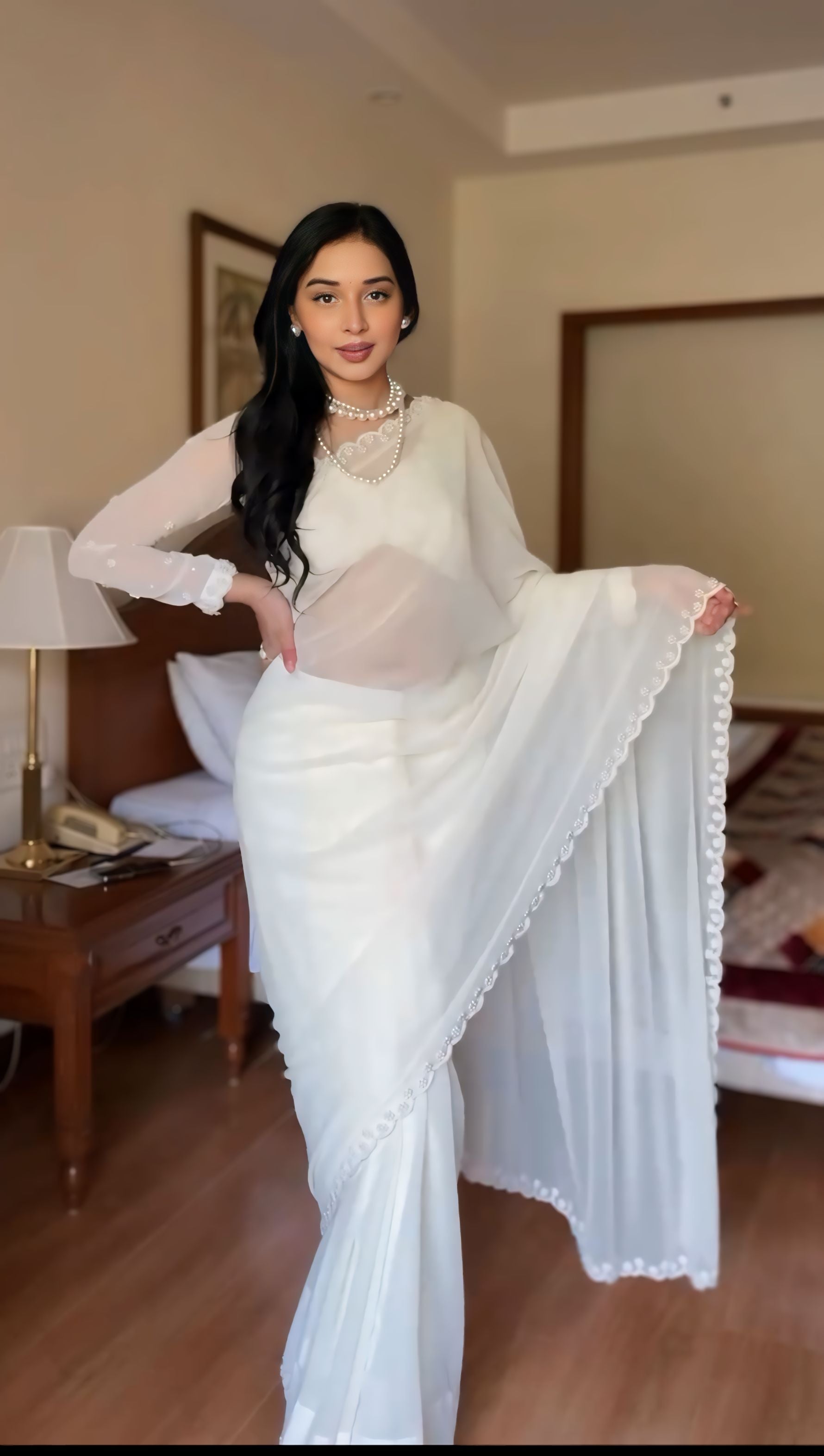 One Minute Ready To Wear Elegant Essence White Saree with Stitch Blouse