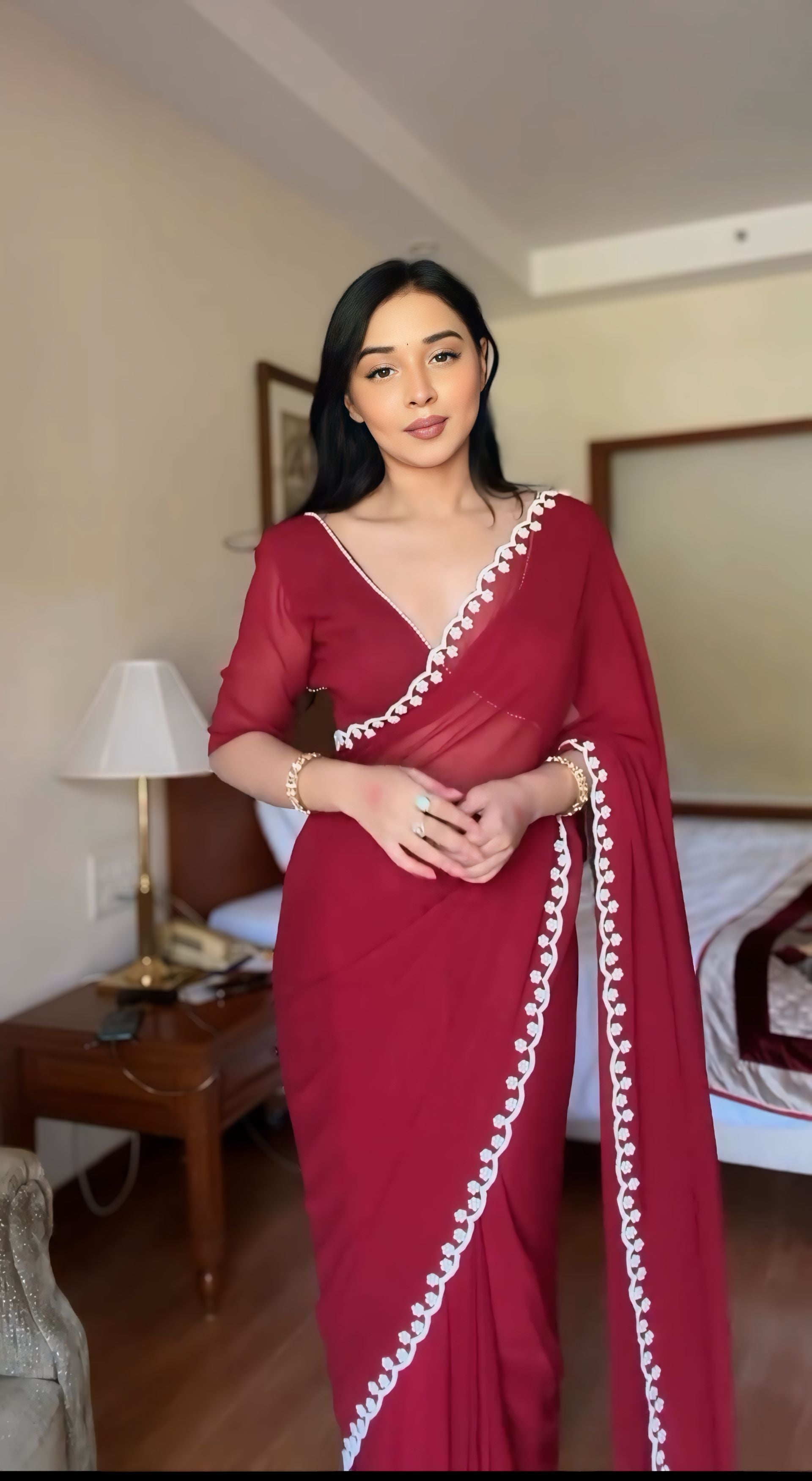 One Minute Ready To Wear Elegant Ruby Reverie Maroon Saree with Stitch Blouse