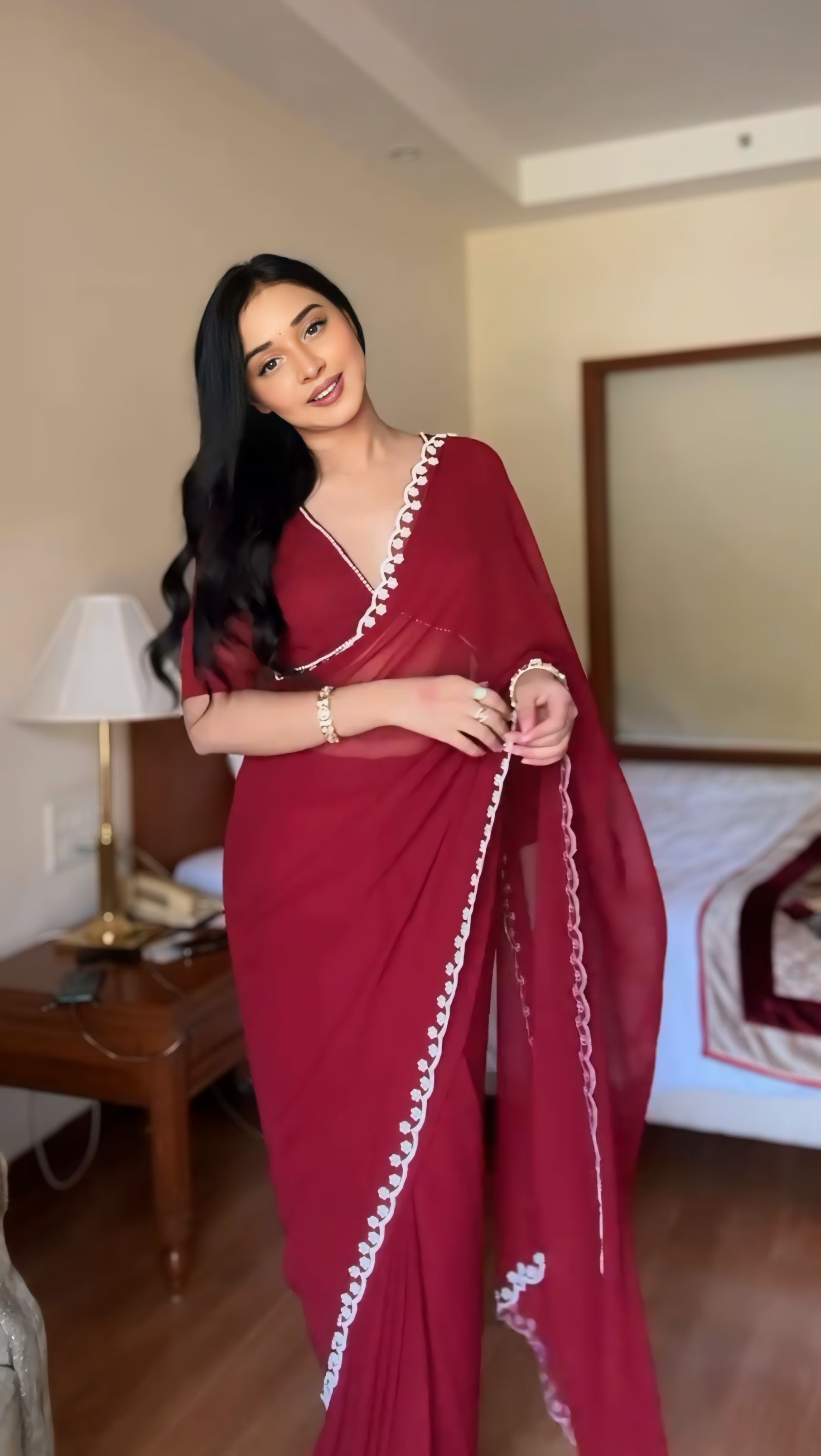 One Minute Ready To Wear Elegant Ruby Reverie Maroon Saree with Stitch Blouse