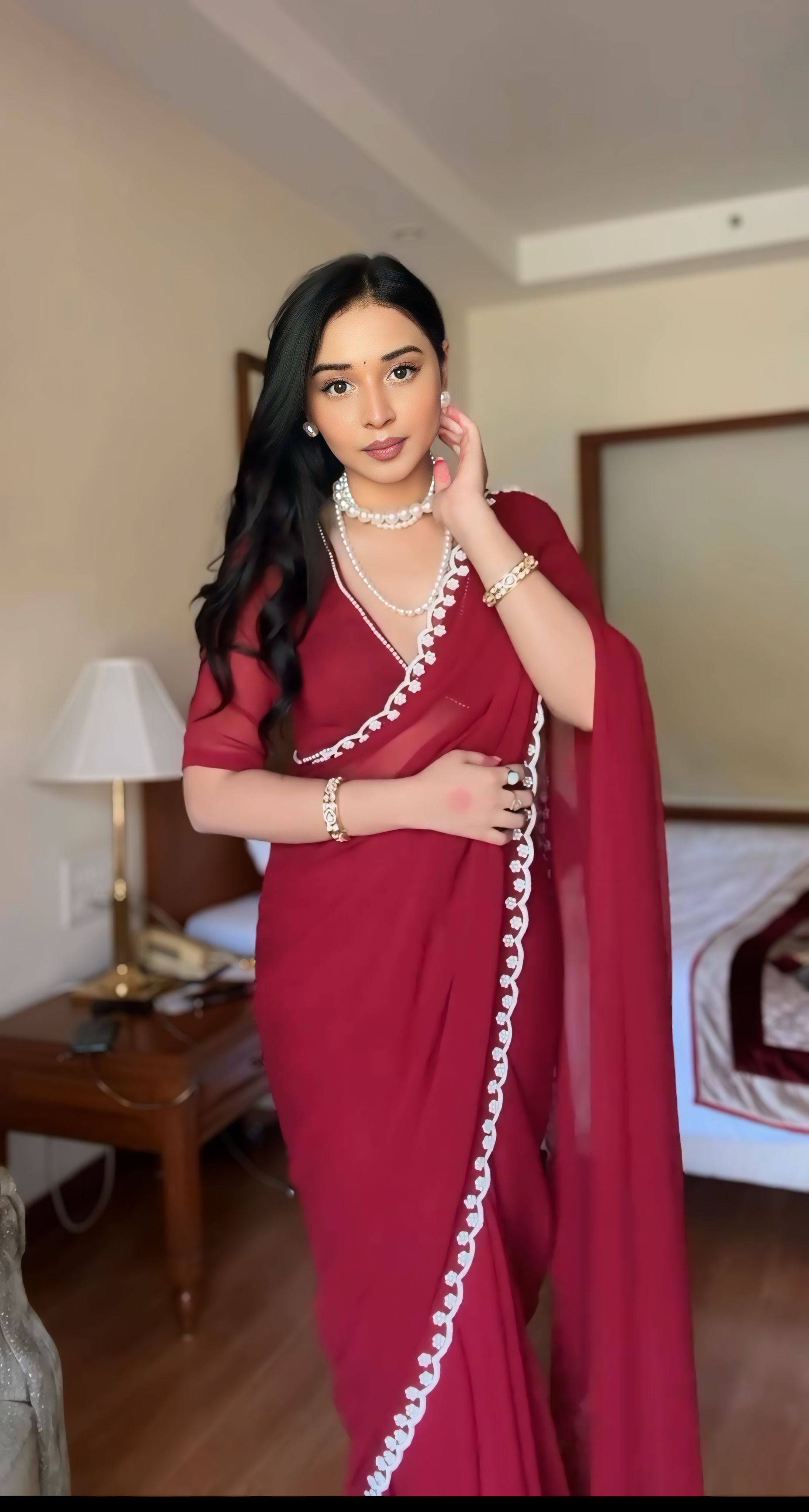 One Minute Ready To Wear Elegant Ruby Reverie Maroon Saree with Stitch Blouse