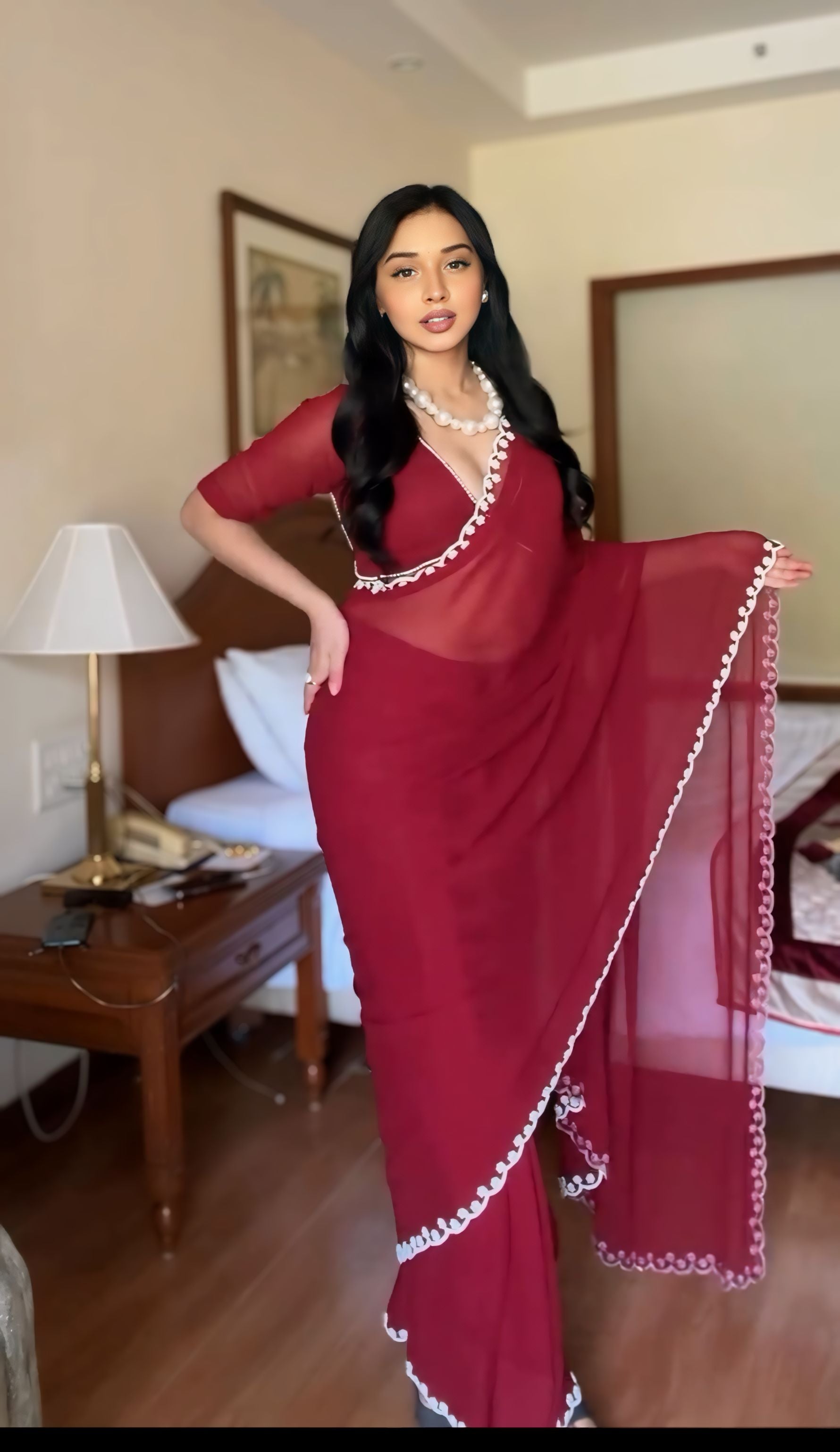 One Minute Ready To Wear Elegant Ruby Reverie Maroon Saree with Stitch Blouse