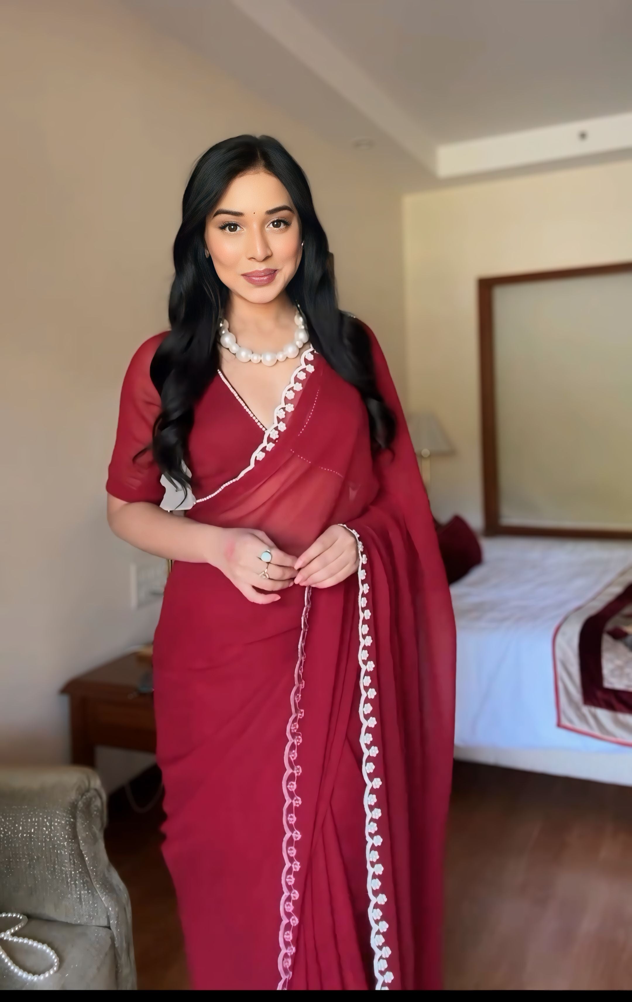 One Minute Ready To Wear Elegant Ruby Reverie Maroon Saree with Stitch Blouse