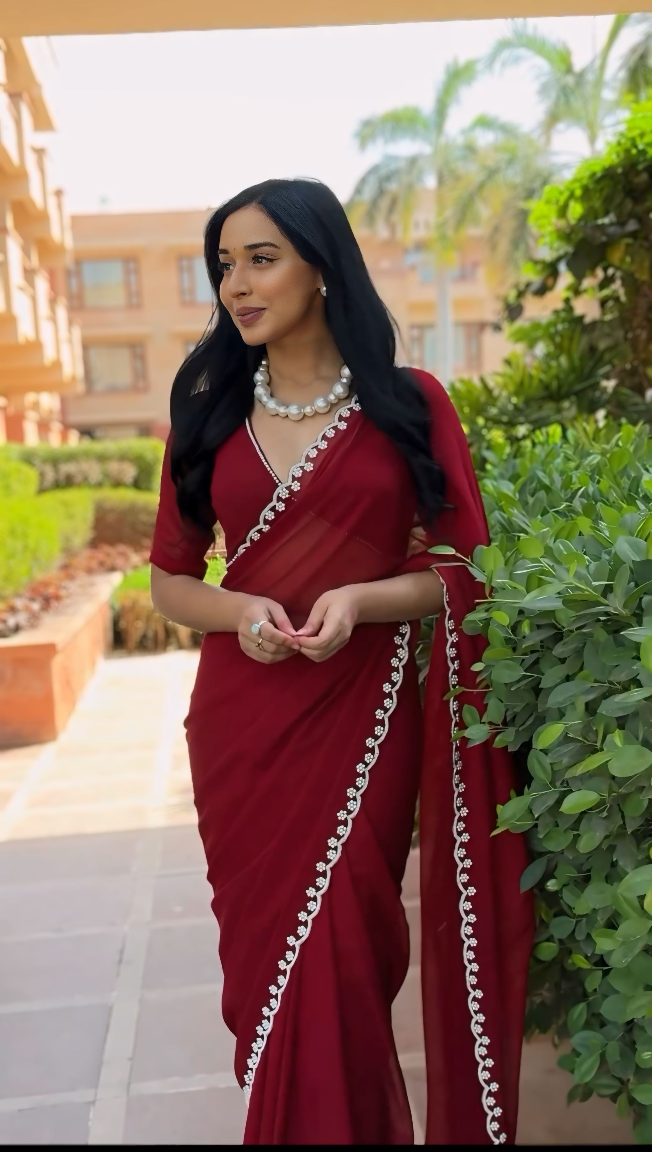 One Minute Ready To Wear Elegant Ruby Reverie Maroon Saree with Stitch Blouse