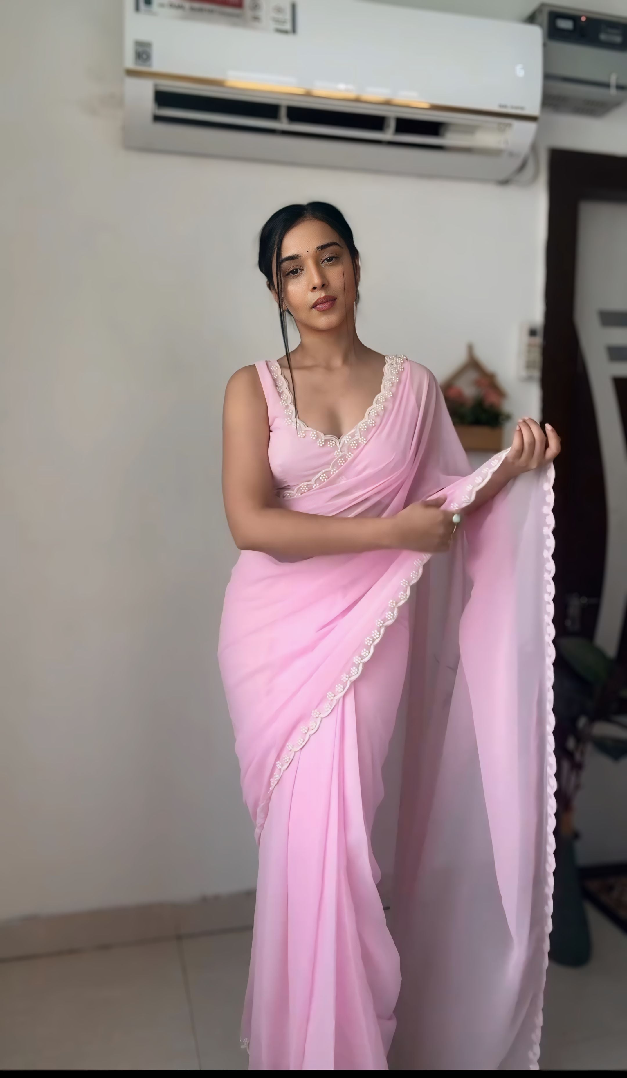 One Minute Ready To Wear Elegant Rose Saree Ensemble with Stitch Blouse