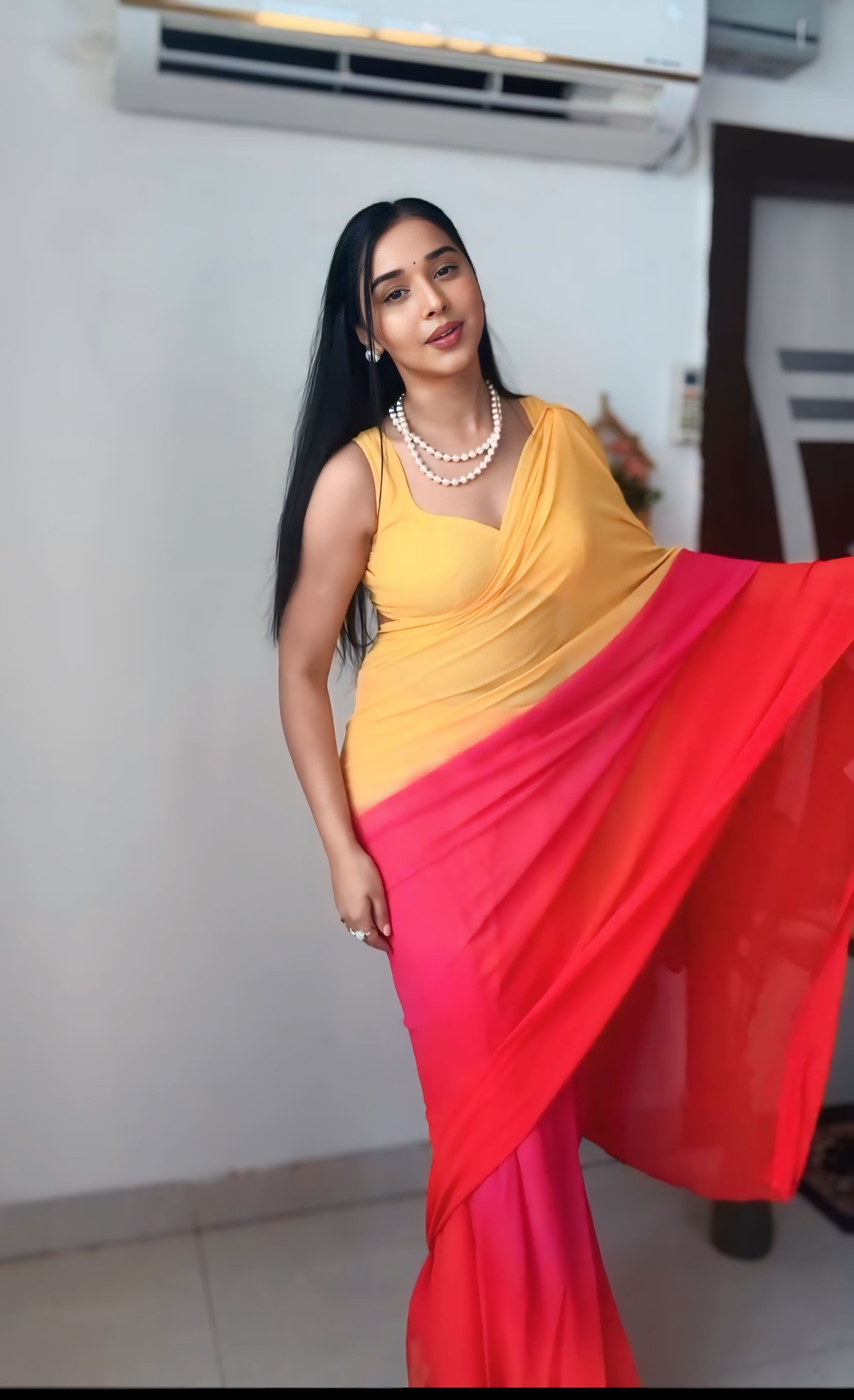 One Minute Ready To Wear Georgette Beauty Yellow Pink Saree