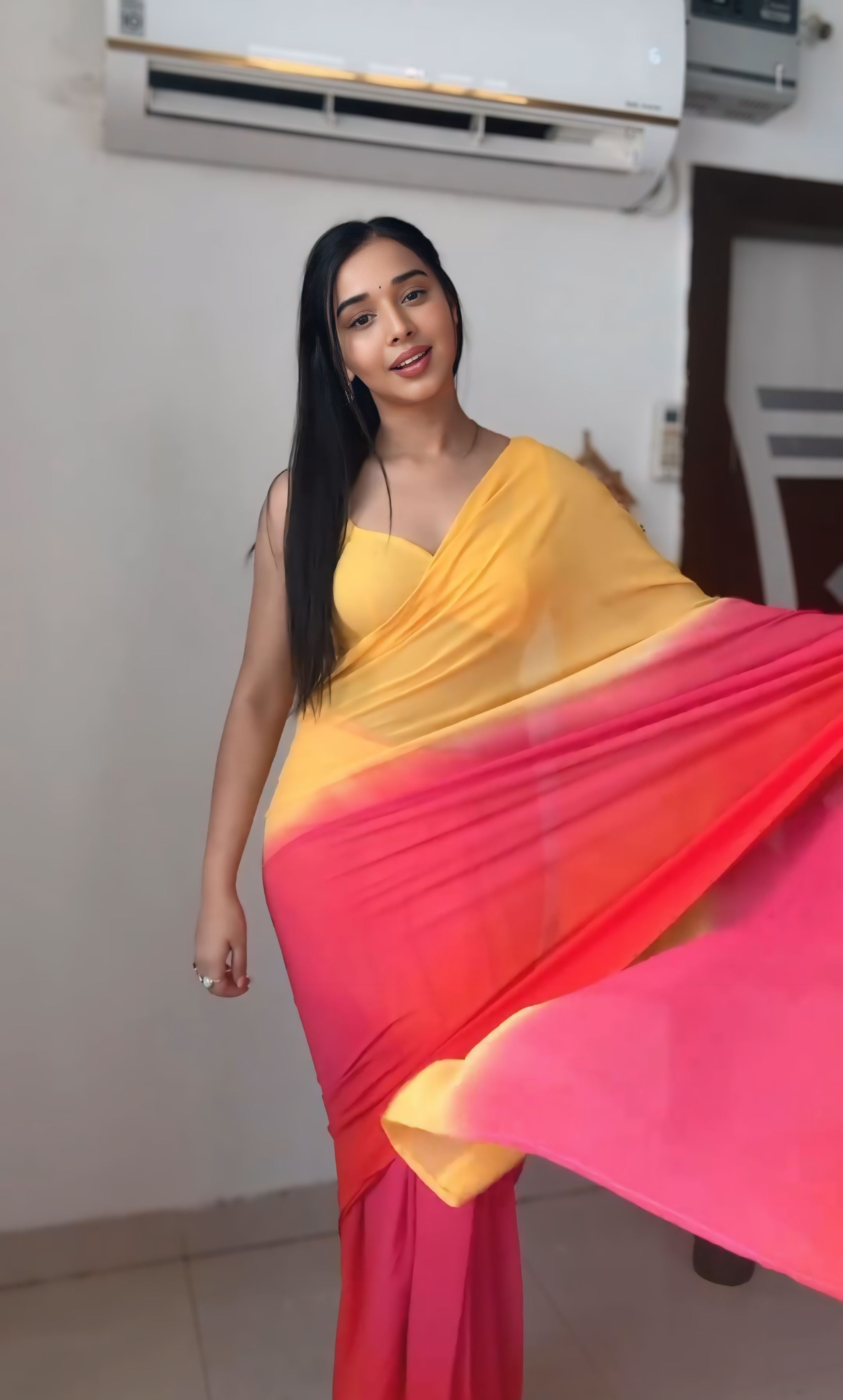 One Minute Ready To Wear Georgette Beauty Yellow Pink Saree