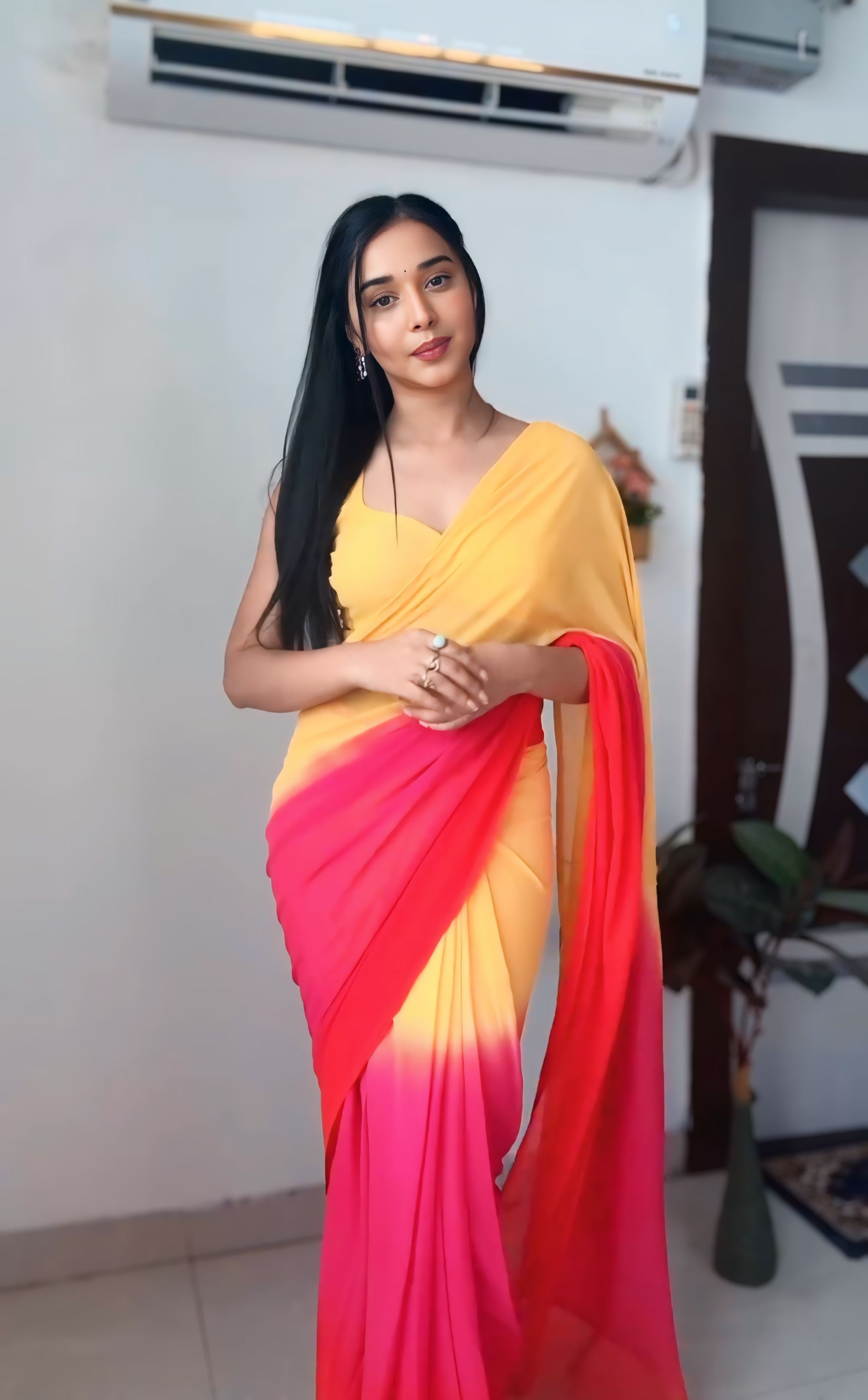 One Minute Ready To Wear Georgette Beauty Yellow Pink Saree