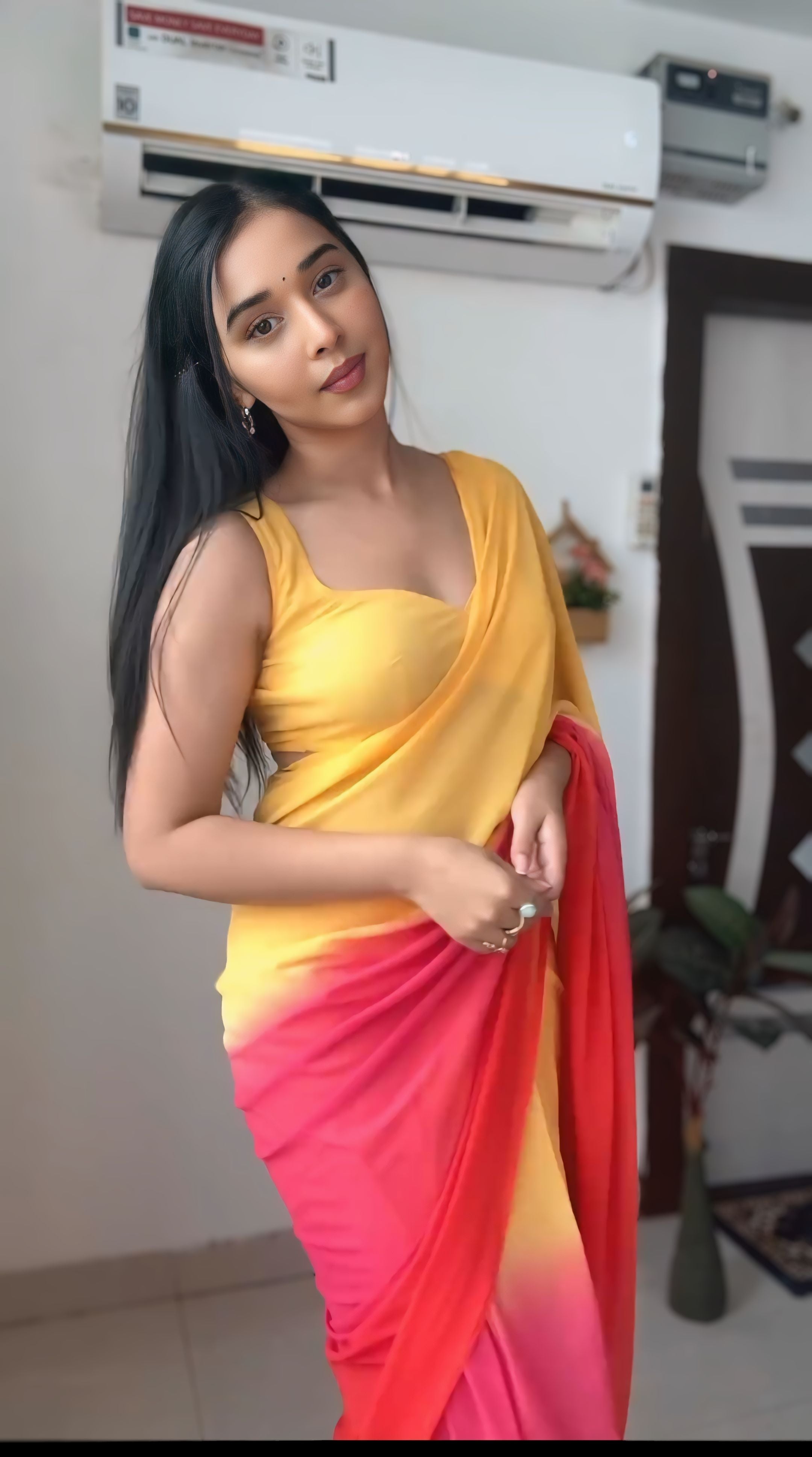 One Minute Ready To Wear Georgette Beauty Yellow Pink Saree