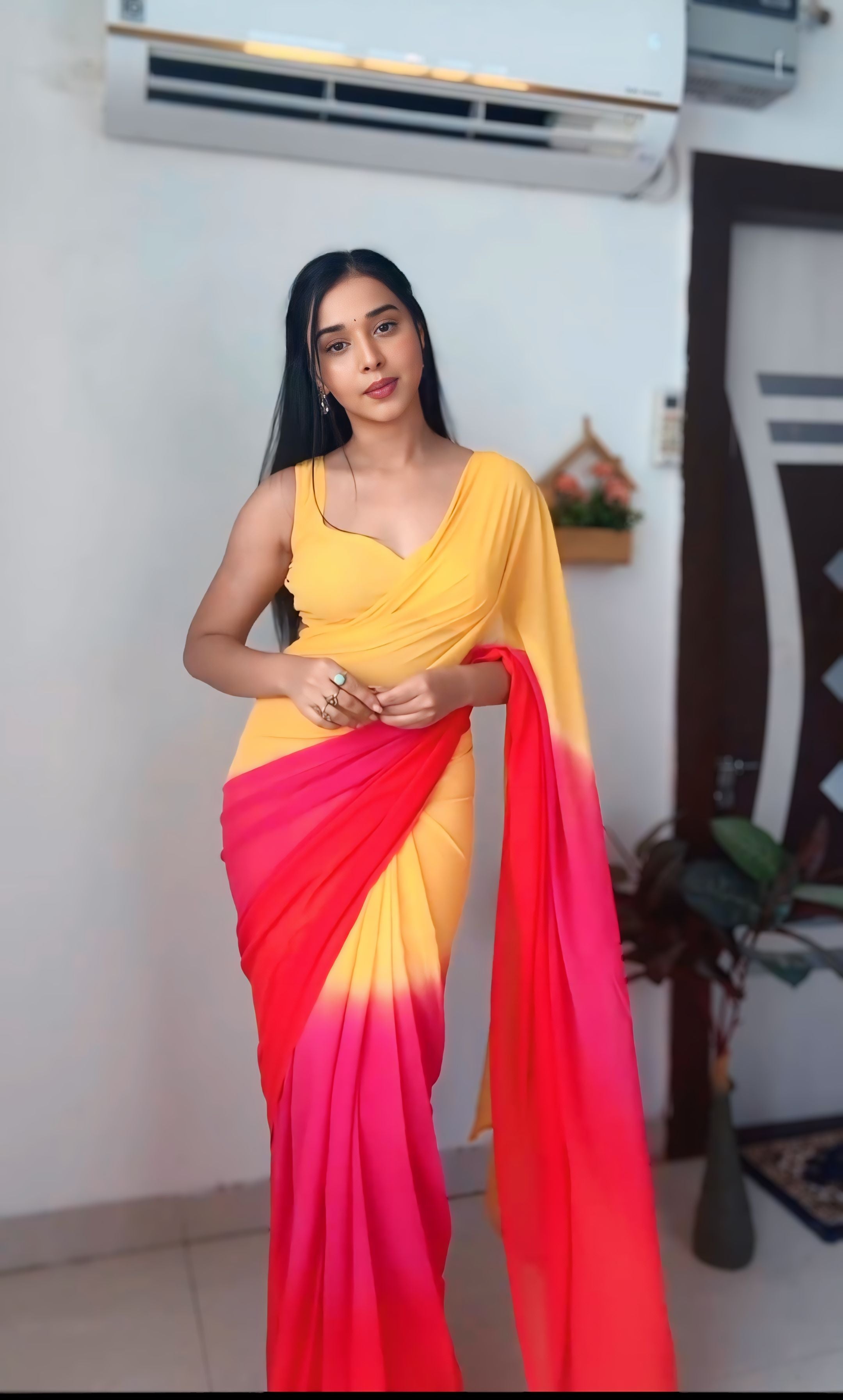 One Minute Ready To Wear Georgette Beauty Yellow Pink Saree