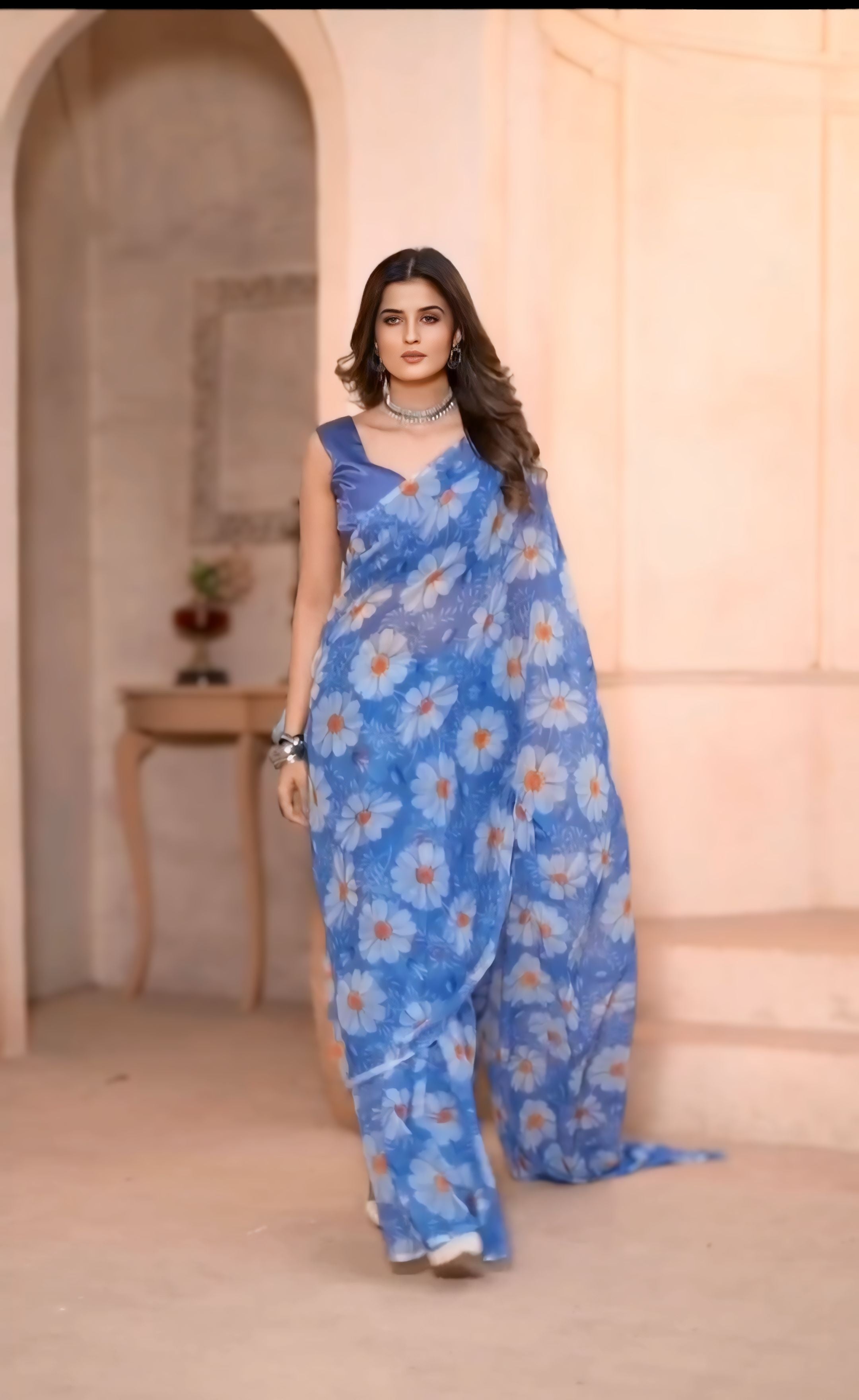 One Minute Ready To Wear Blue Petal Serenity Saree