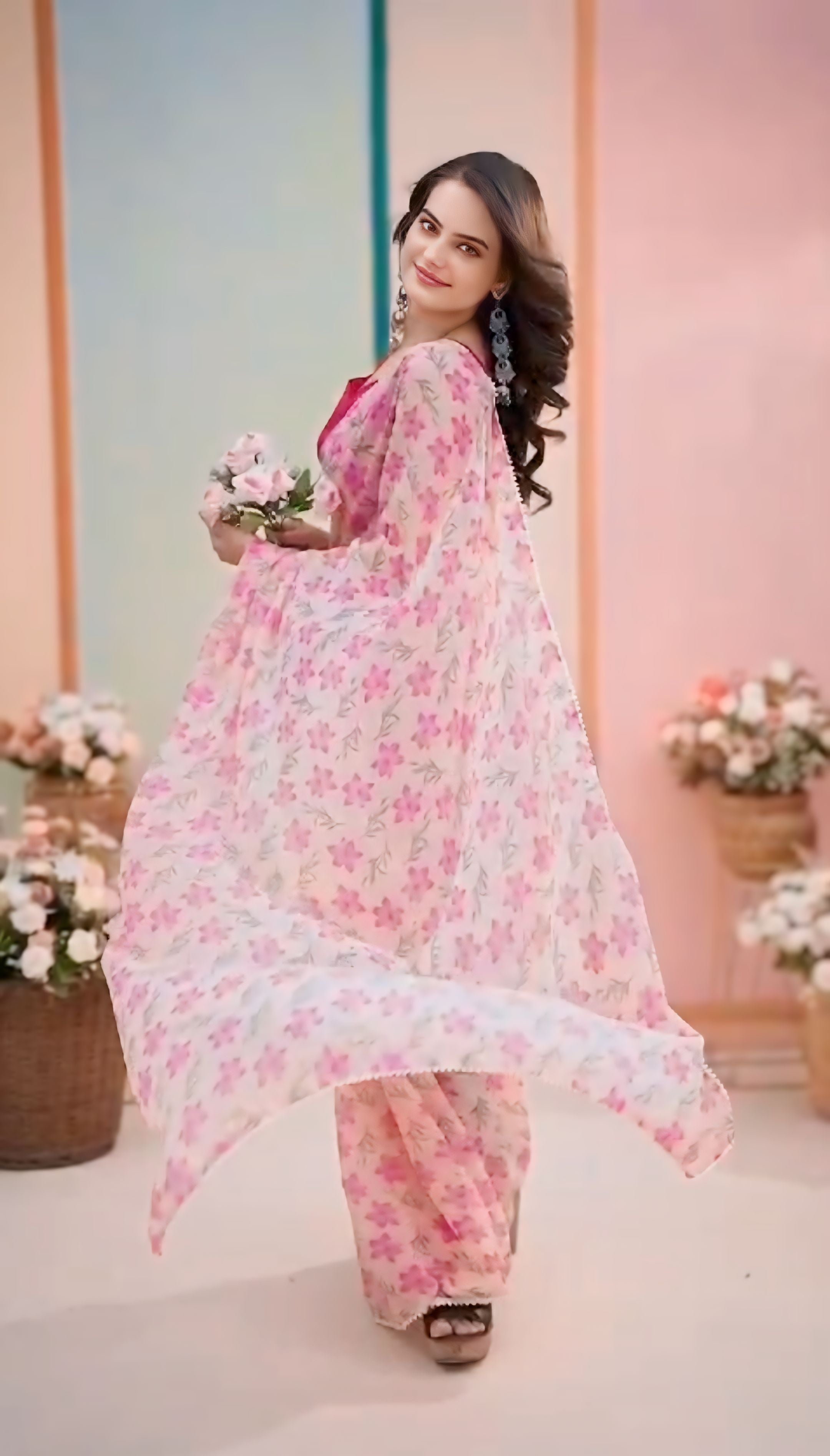 One Minute Ready To Wear Pink Blossom Elegance Saree