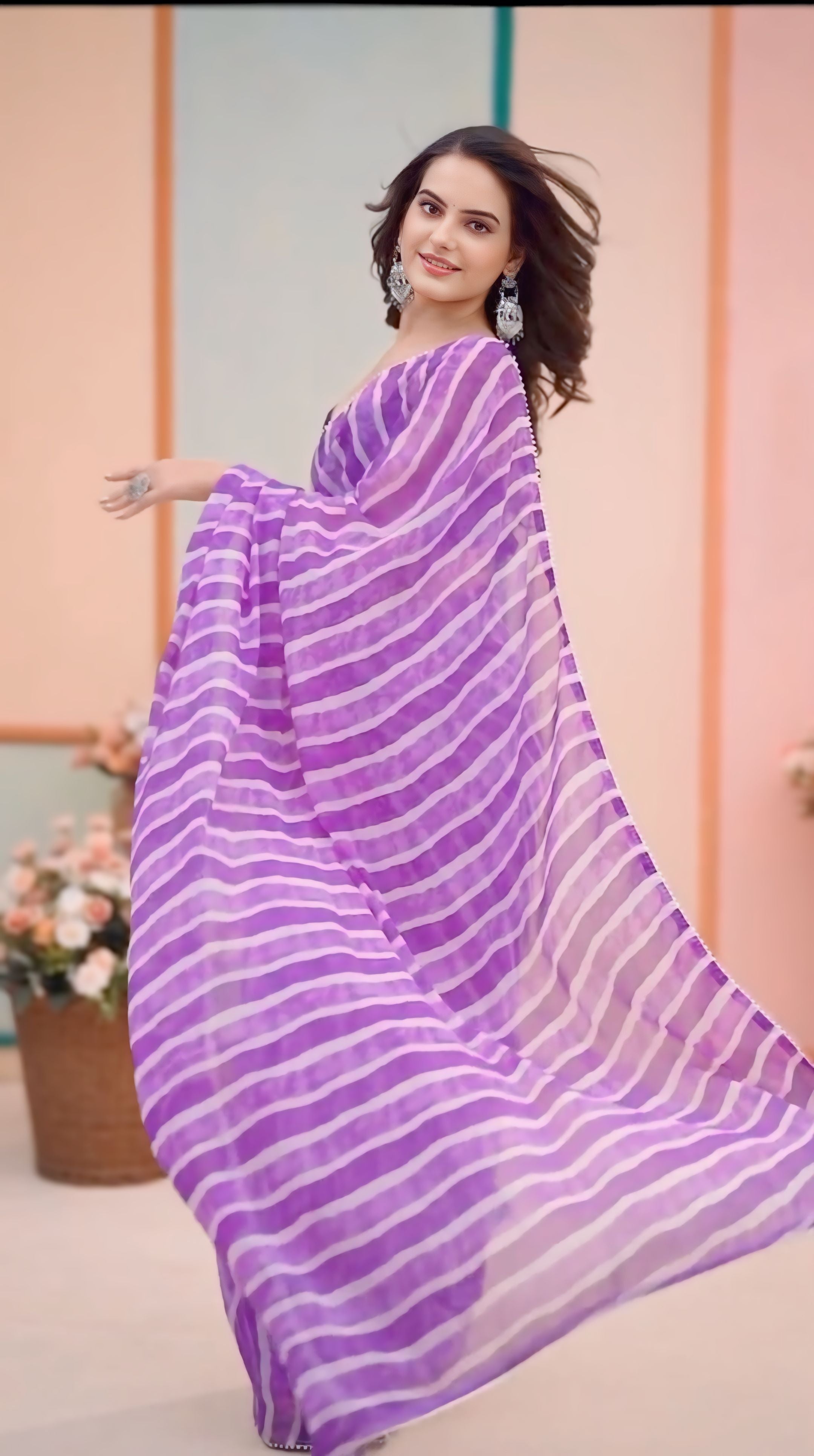 One Minute Ready To Wear Printed Purple Embroidered Pure Georgette Leheriya Saree