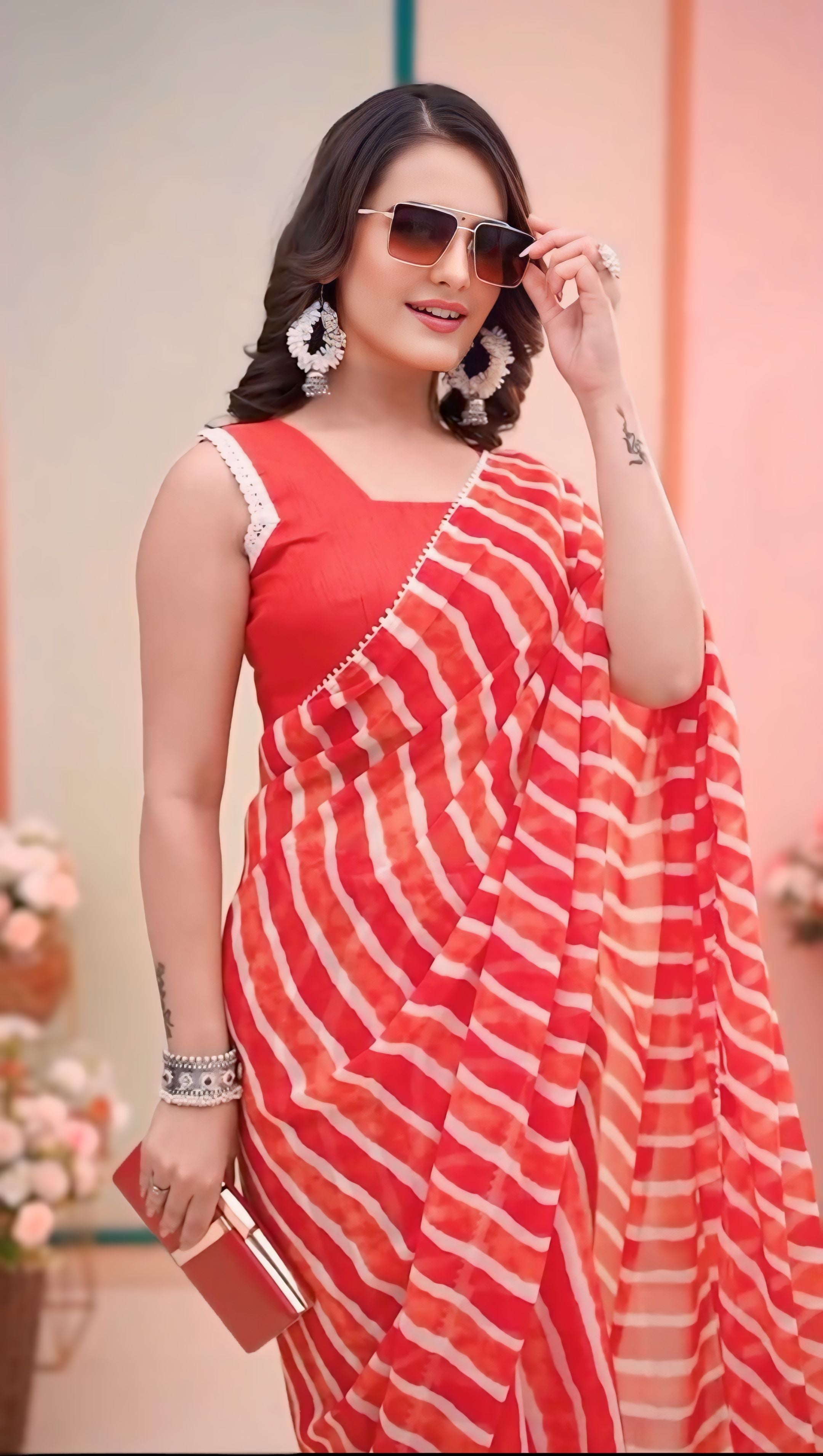 One Minute Ready To Wear Printed Orange Embroidered Pure Georgette Leheriya Saree
