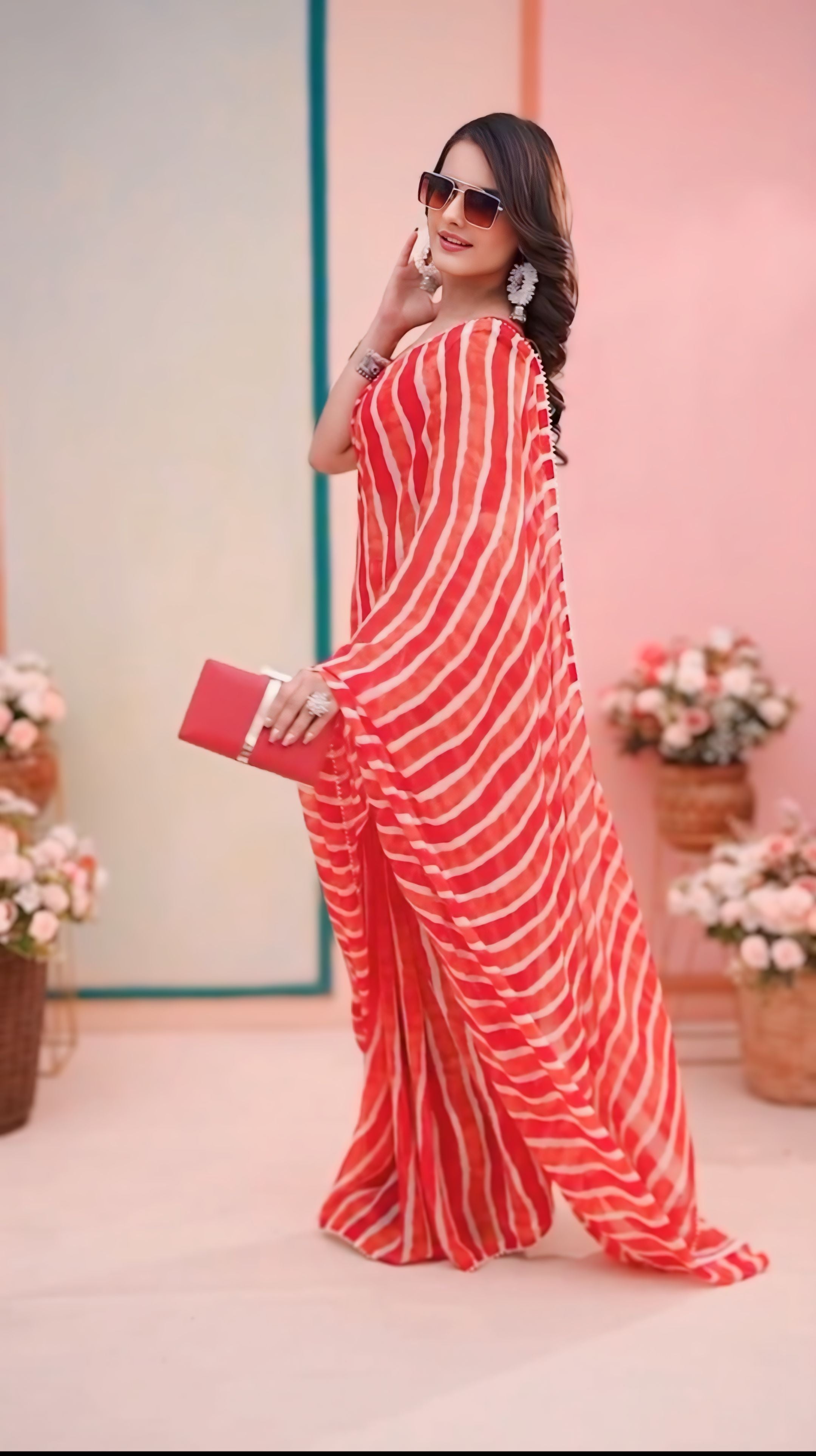 One Minute Ready To Wear Printed Orange Embroidered Pure Georgette Leheriya Saree