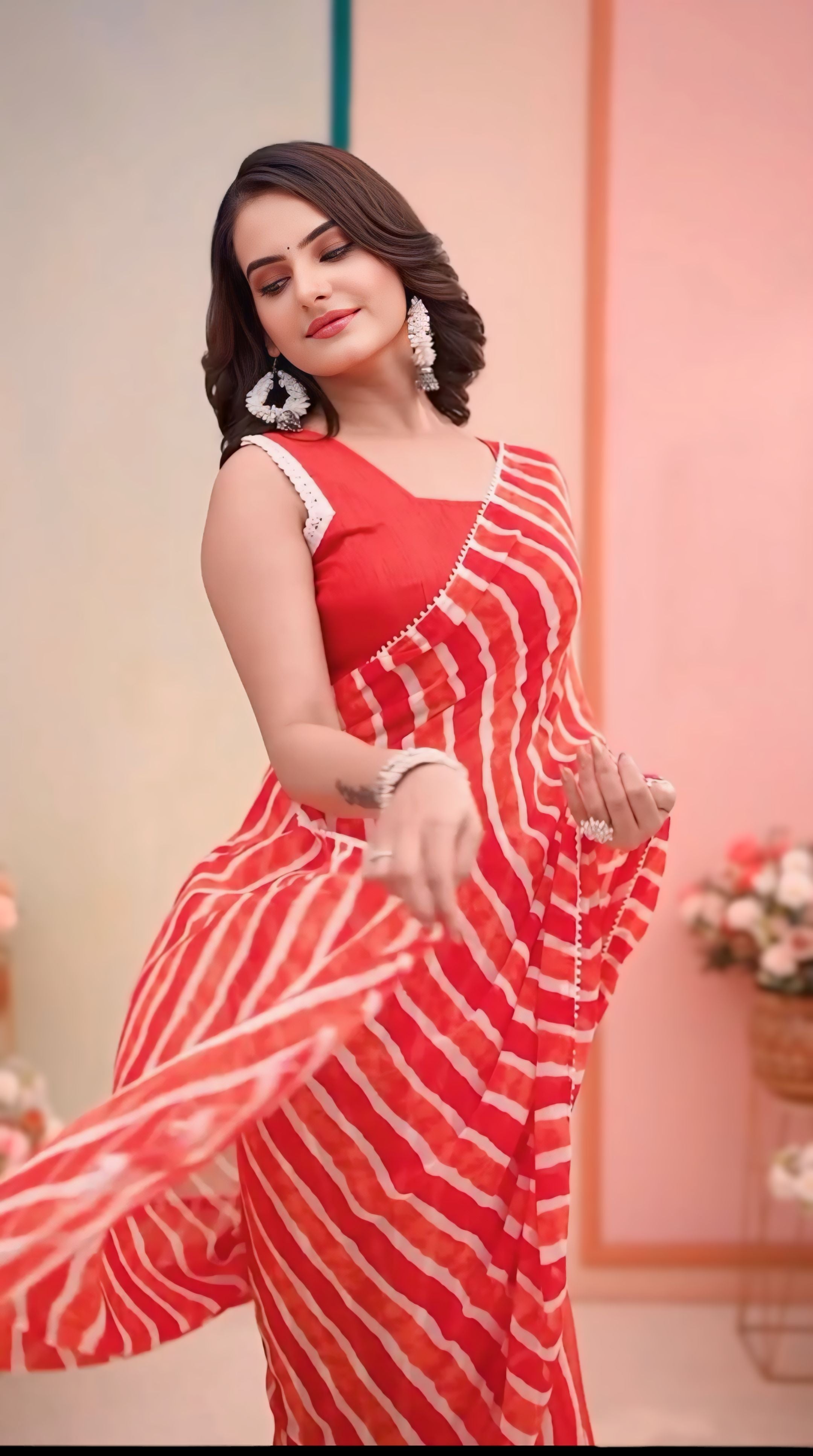 One Minute Ready To Wear Printed Orange Embroidered Pure Georgette Leheriya Saree