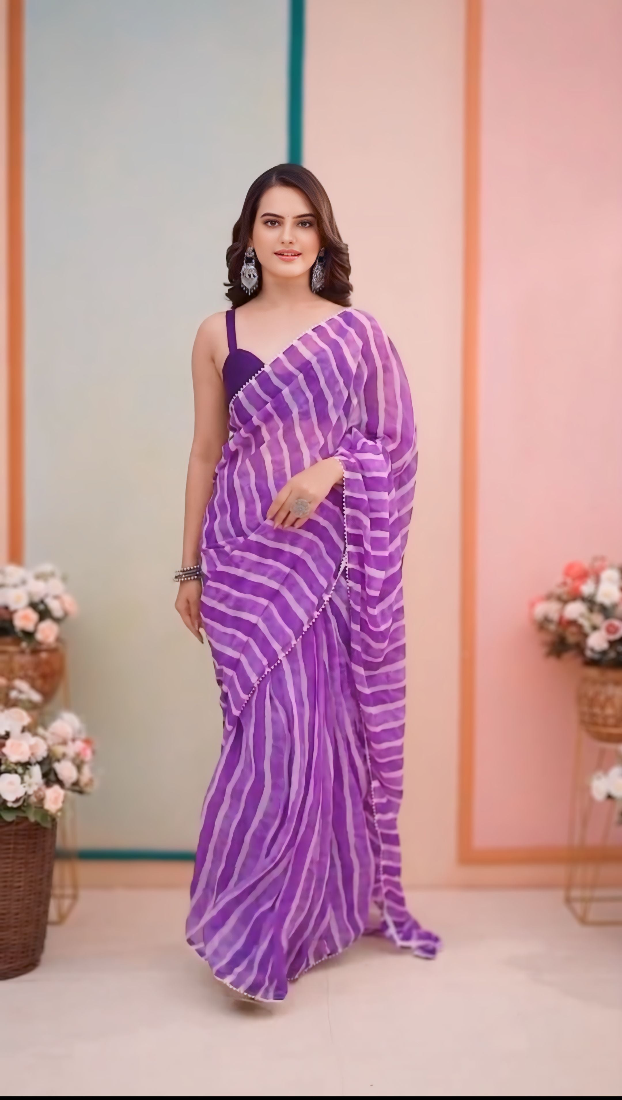 One Minute Ready To Wear Printed Purple Embroidered Pure Georgette Leheriya Saree
