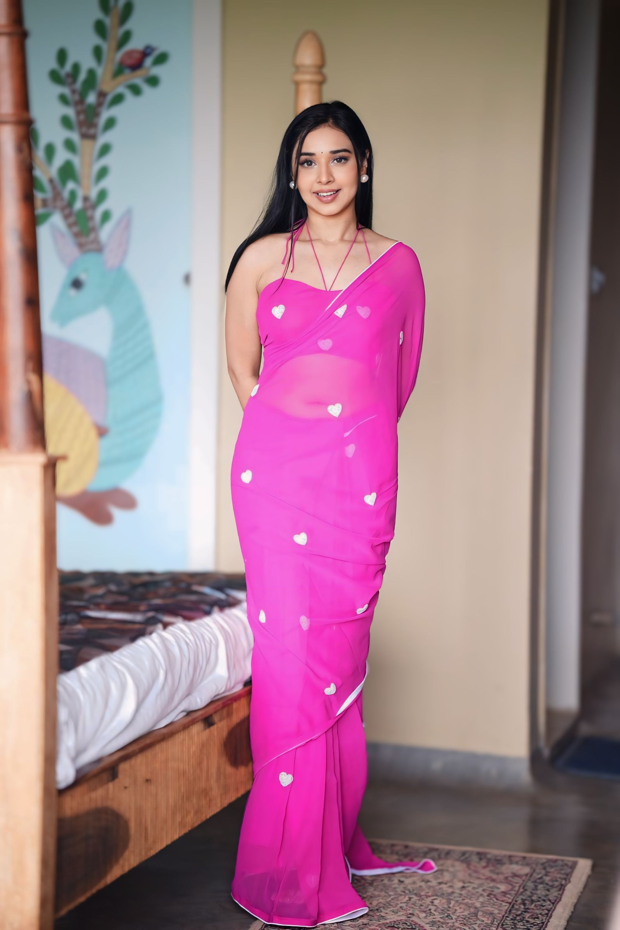 One Minute Ready To Wear Pink Trendy Georgette Saree