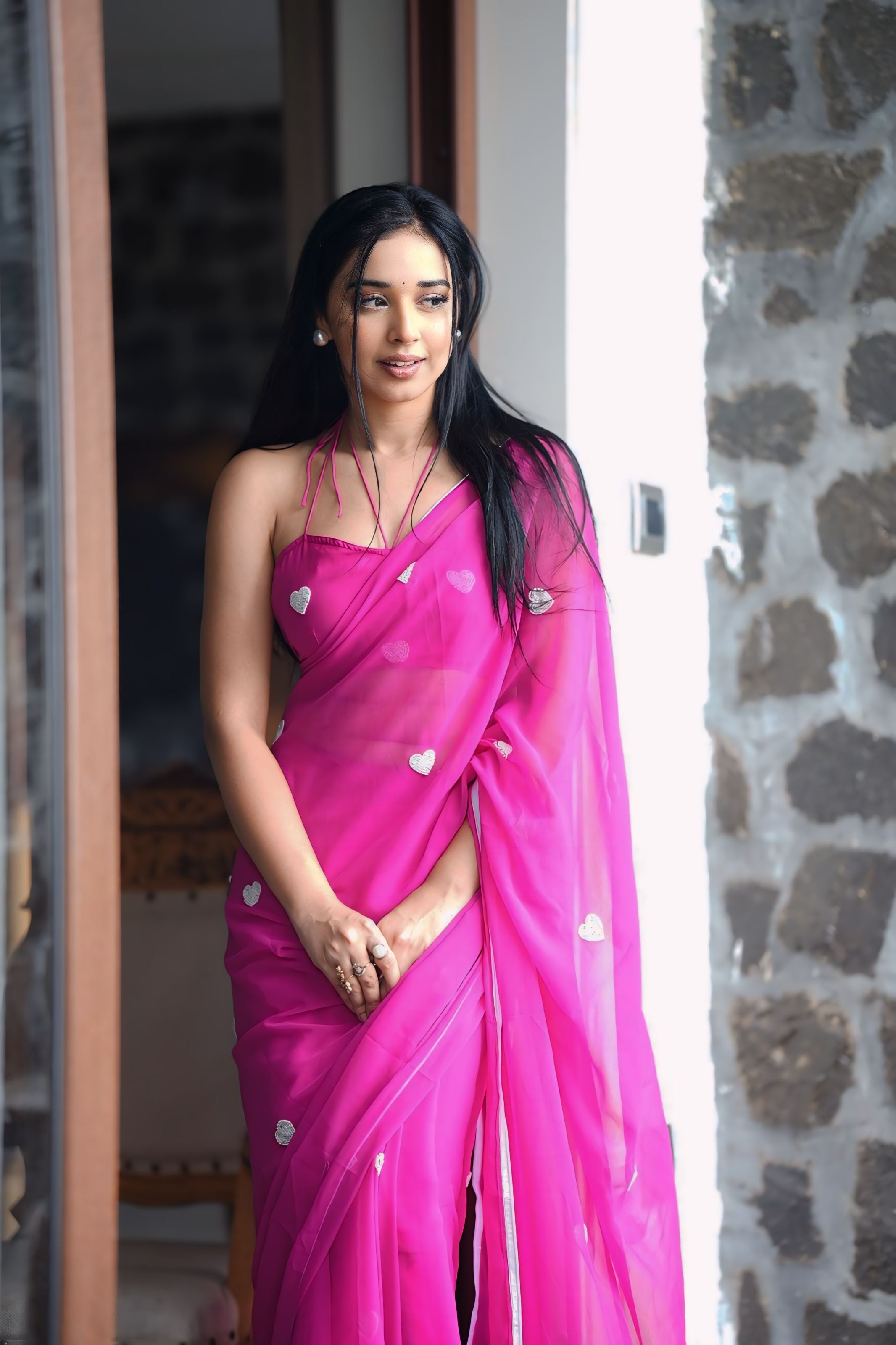 One Minute Ready To Wear Pink Trendy Georgette Saree