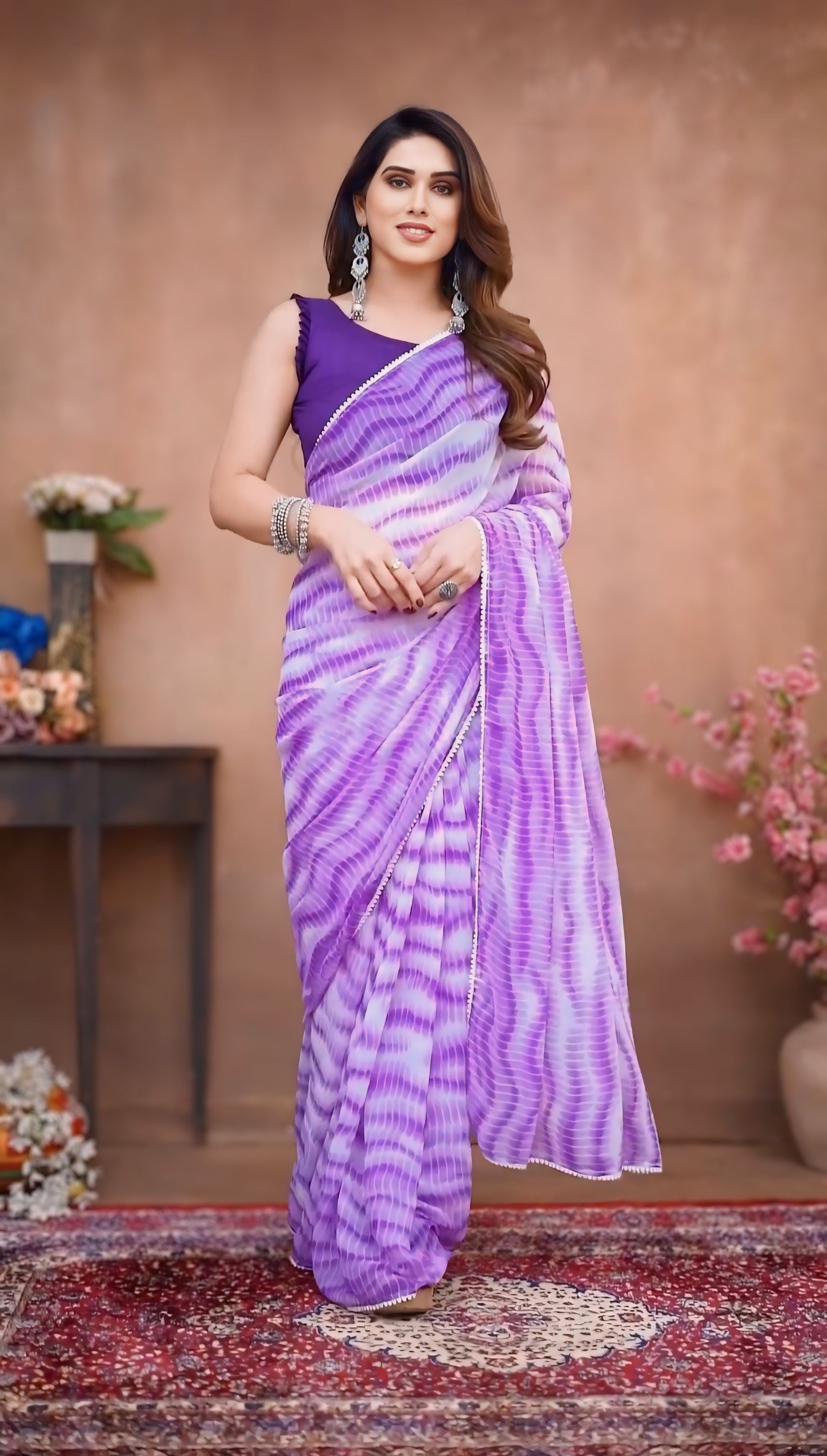 One Minute Ready To Wear Pure Purple Georgette Leheriya Saree