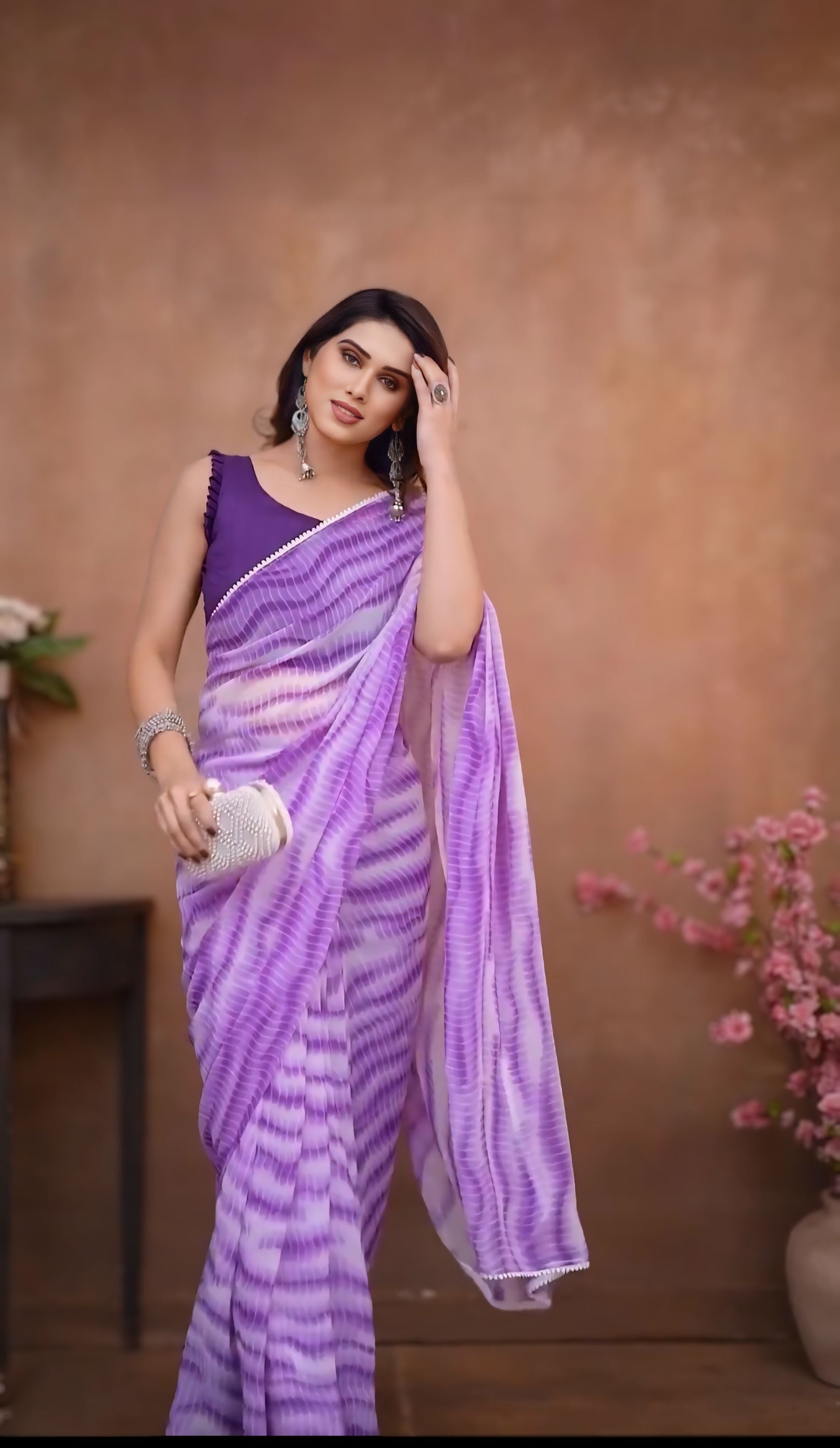 One Minute Ready To Wear Pure Purple Georgette Leheriya Saree