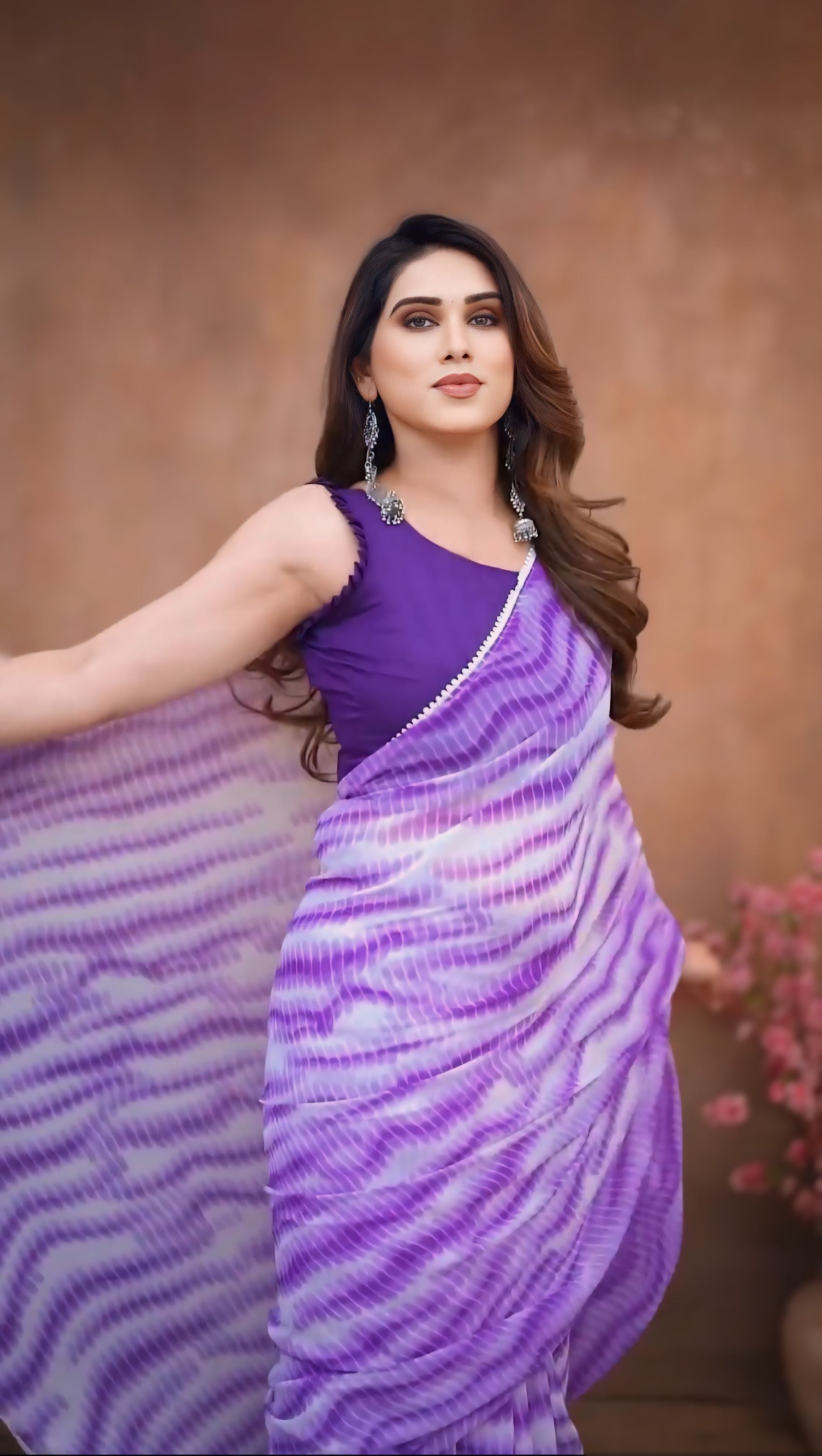 One Minute Ready To Wear Pure Purple Georgette Leheriya Saree