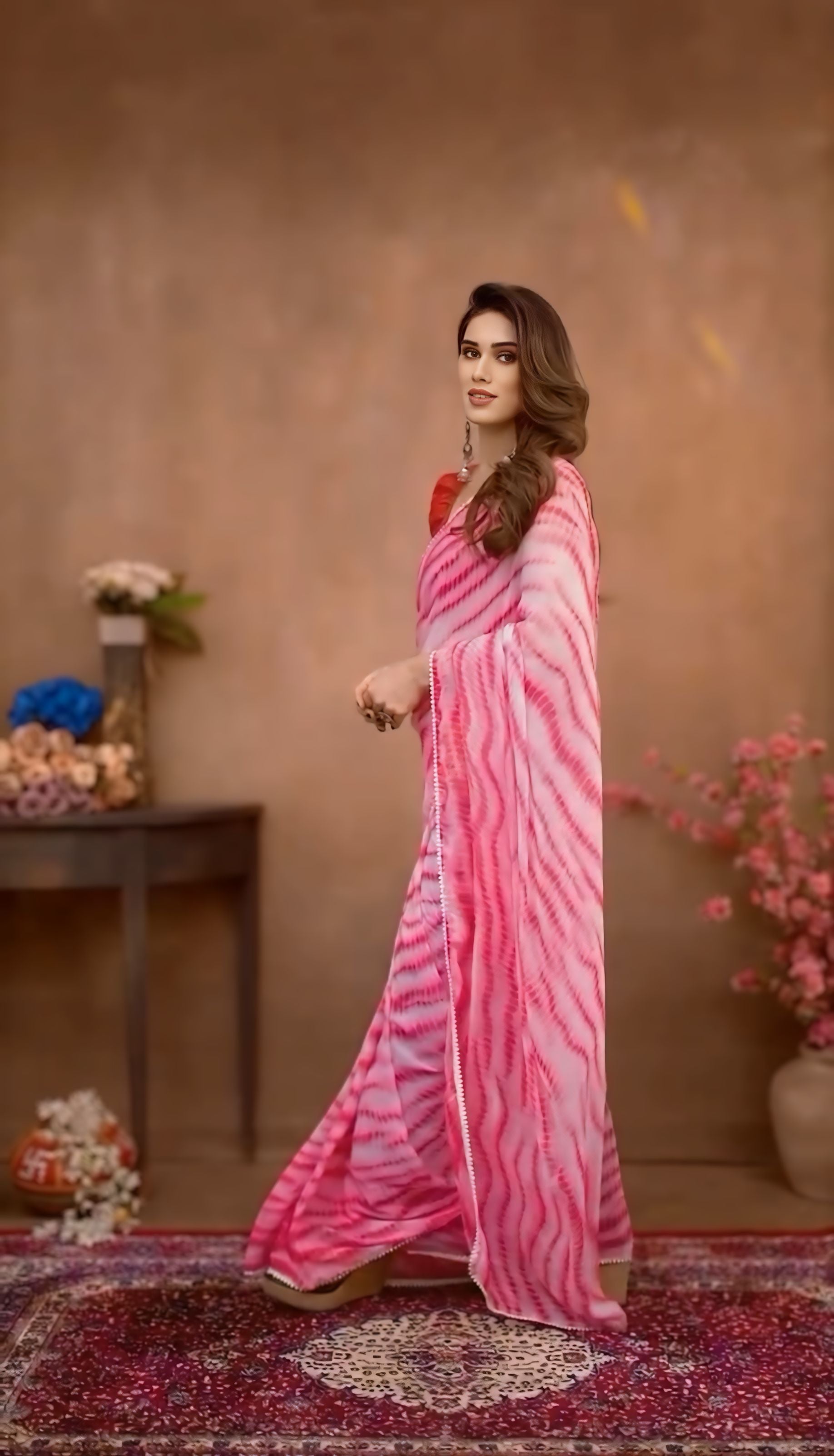One Minute Ready To Wear Pure Red Georgette Leheriya Saree