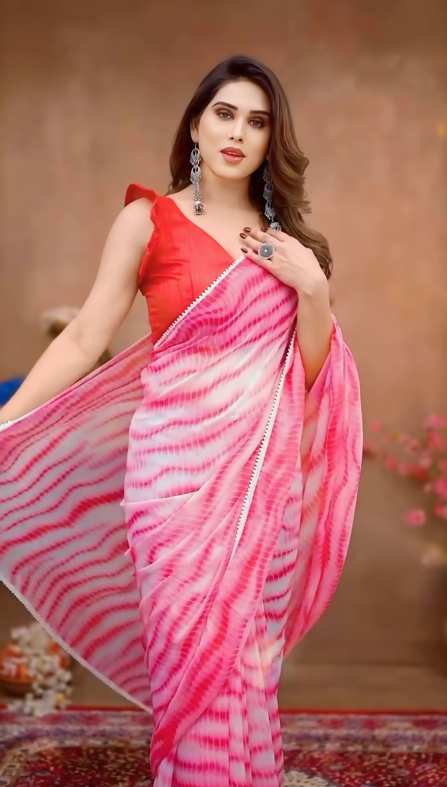 One Minute Ready To Wear Pure Red Georgette Leheriya Saree