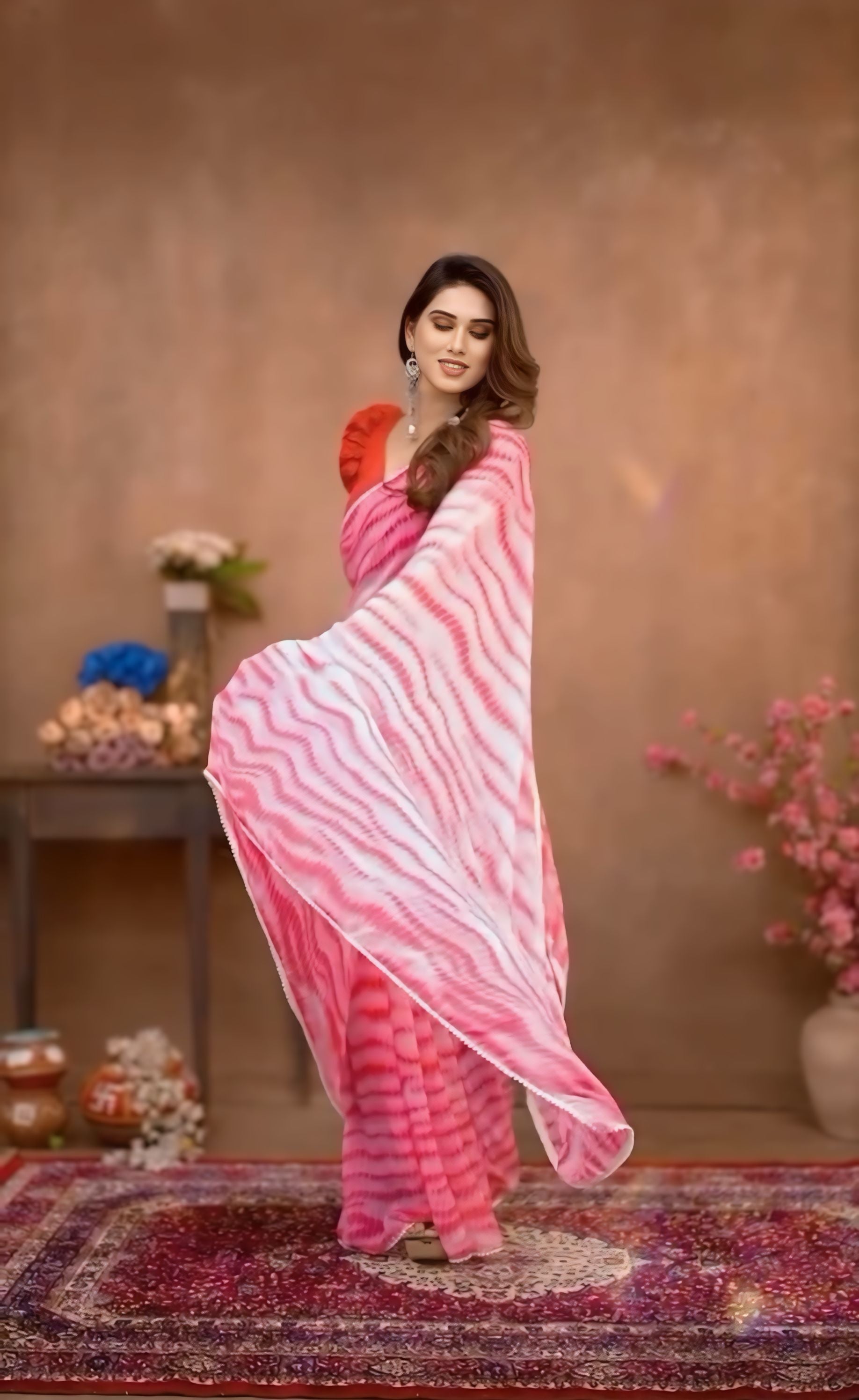 One Minute Ready To Wear Pure Red Georgette Leheriya Saree
