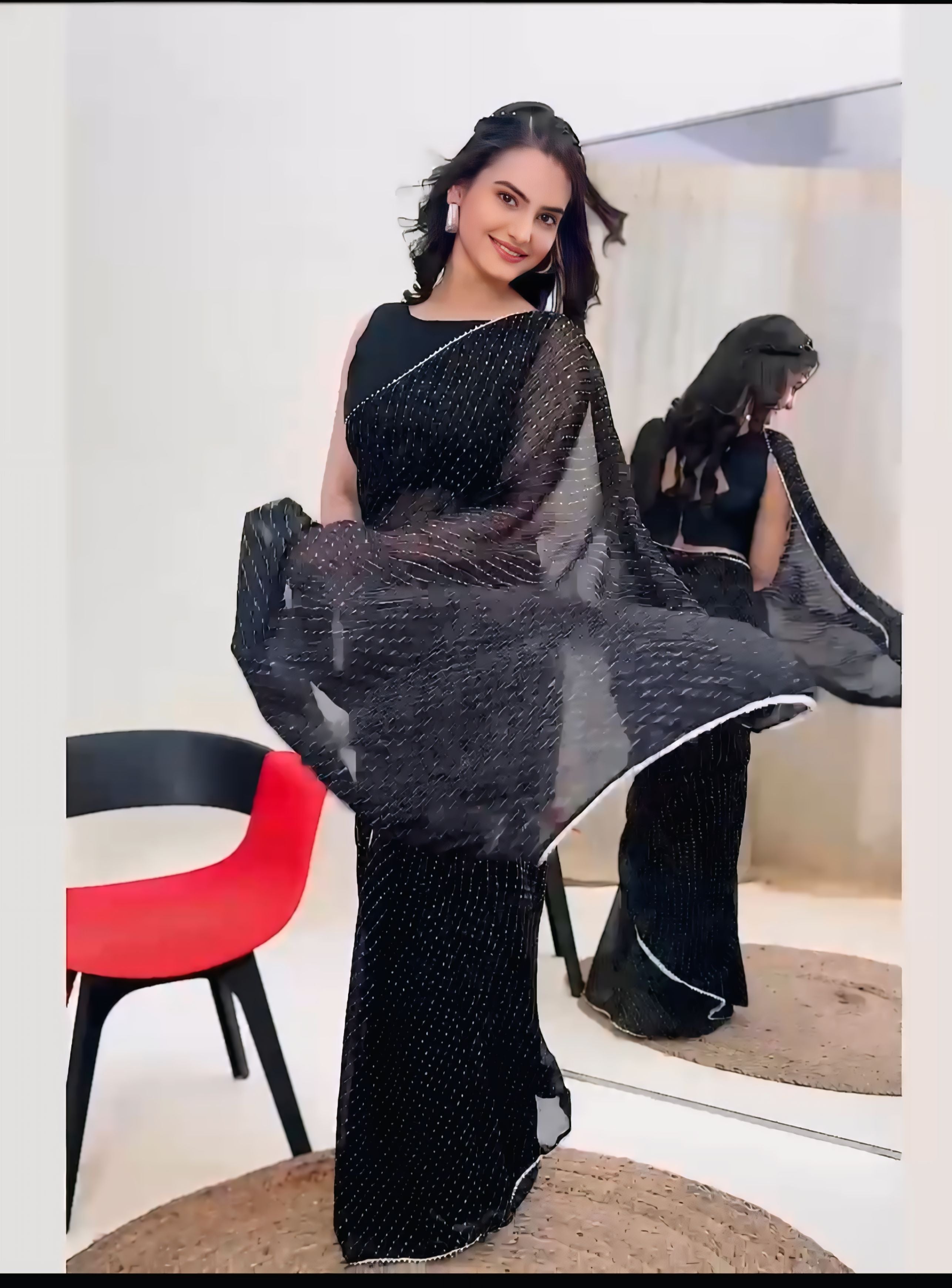One Minute Ready To Wear Black Women Leheriya Print with Contrast Border Saree