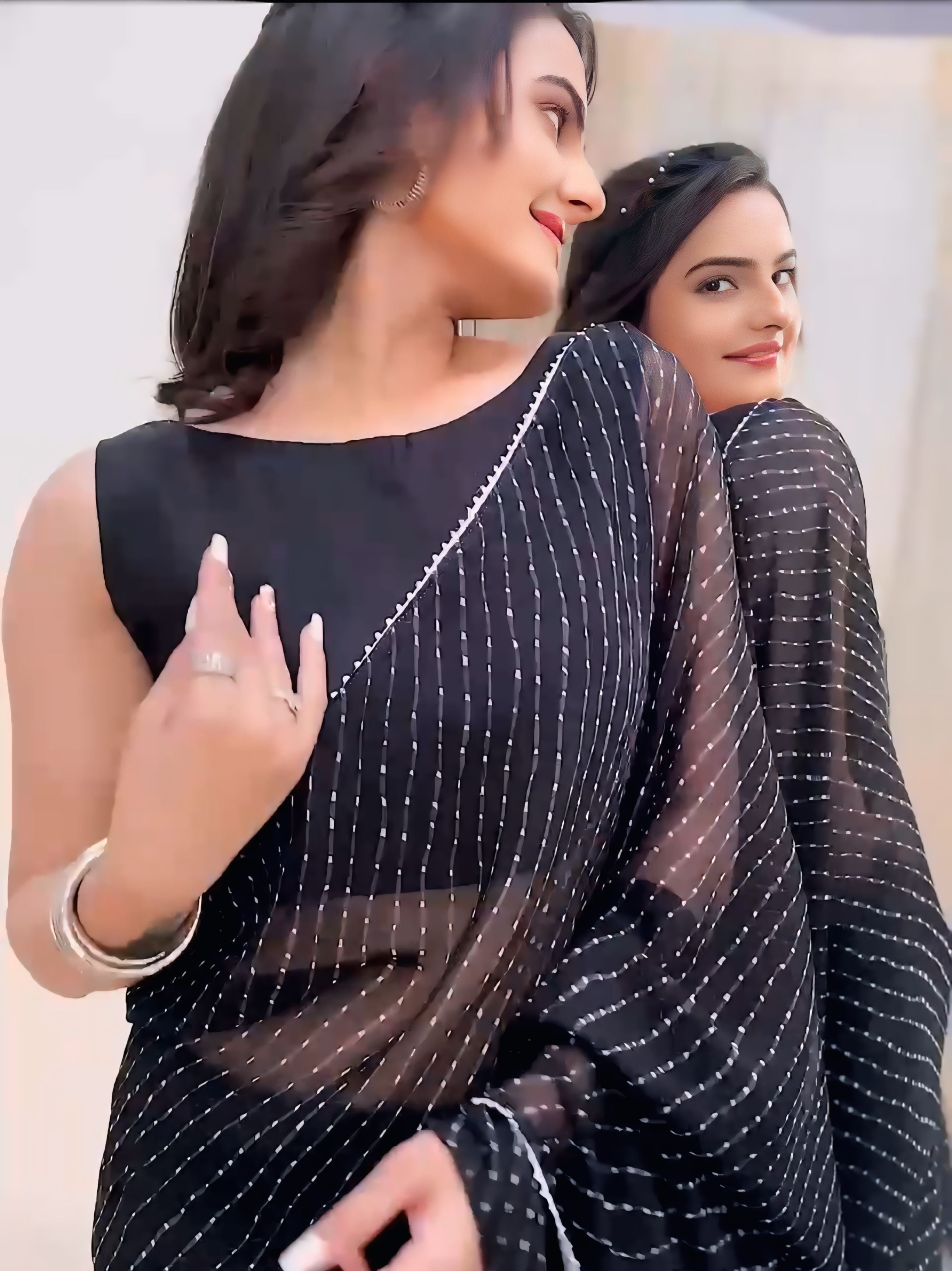 One Minute Ready To Wear Black Women Leheriya Print with Contrast Border Saree