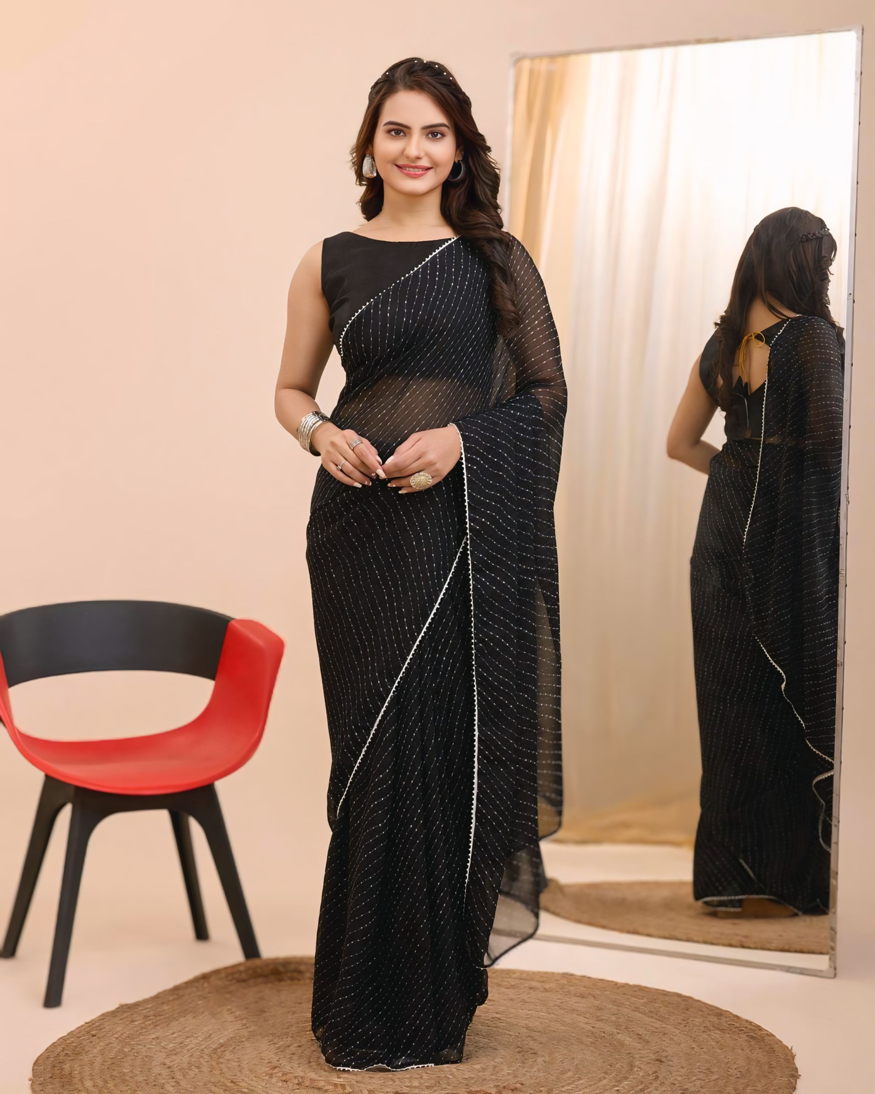 One Minute Ready To Wear Black Women Leheriya Print with Contrast Border Saree