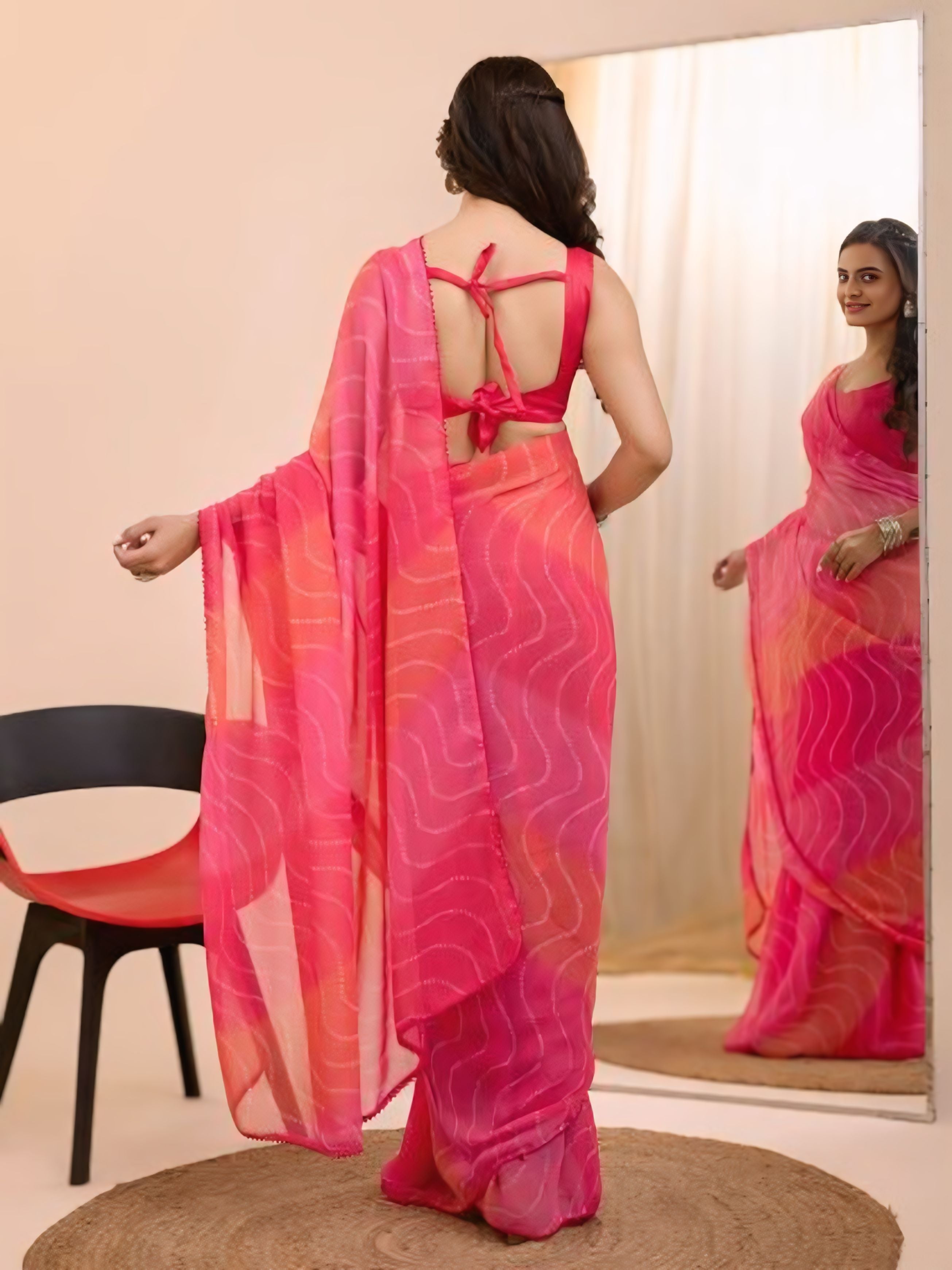 One Minute Ready To Wear Pink Hook And Drawstring With Unstitched Blouse Saree
