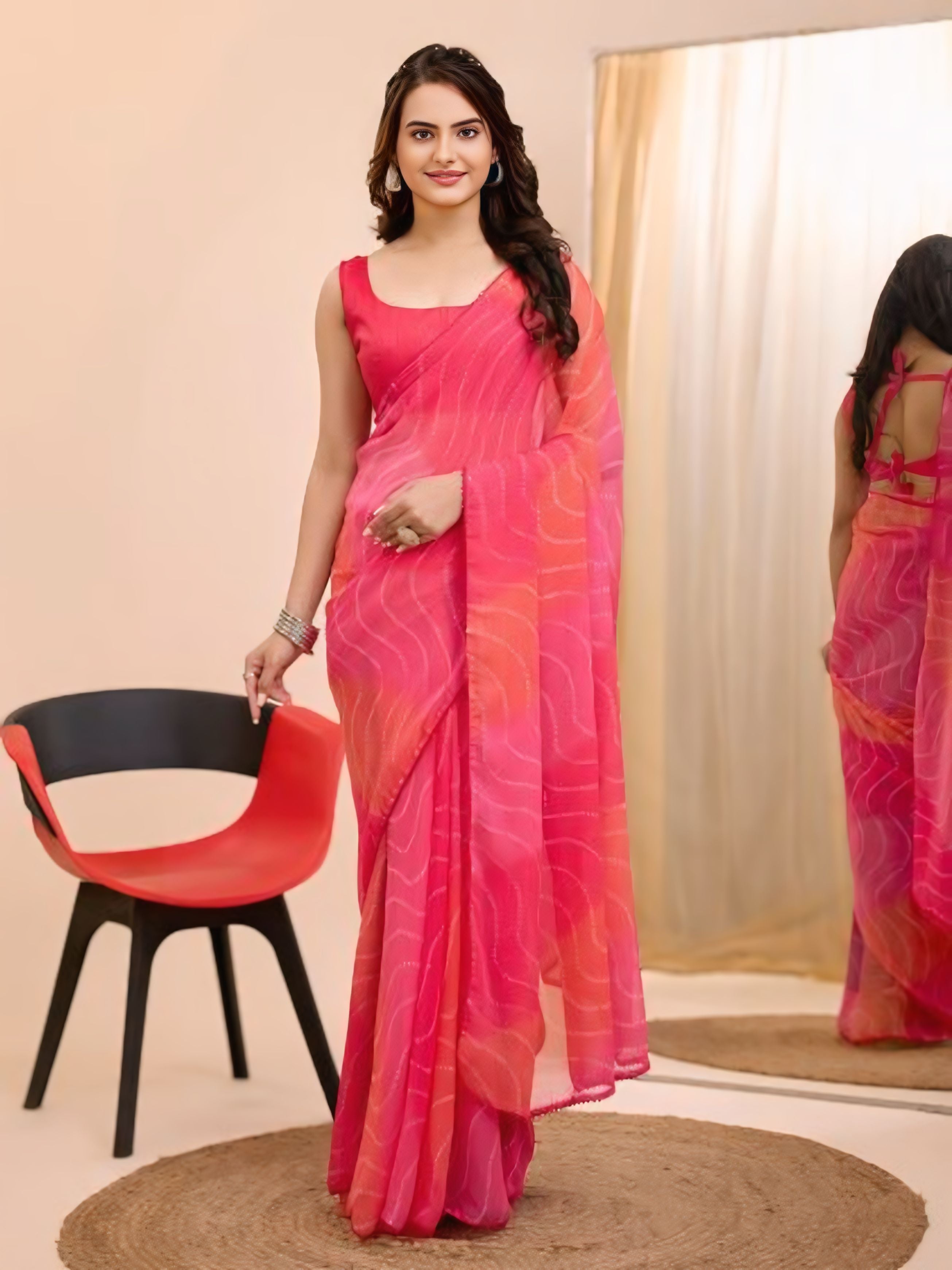 One Minute Ready To Wear Pink Hook And Drawstring With Unstitched Blouse Saree