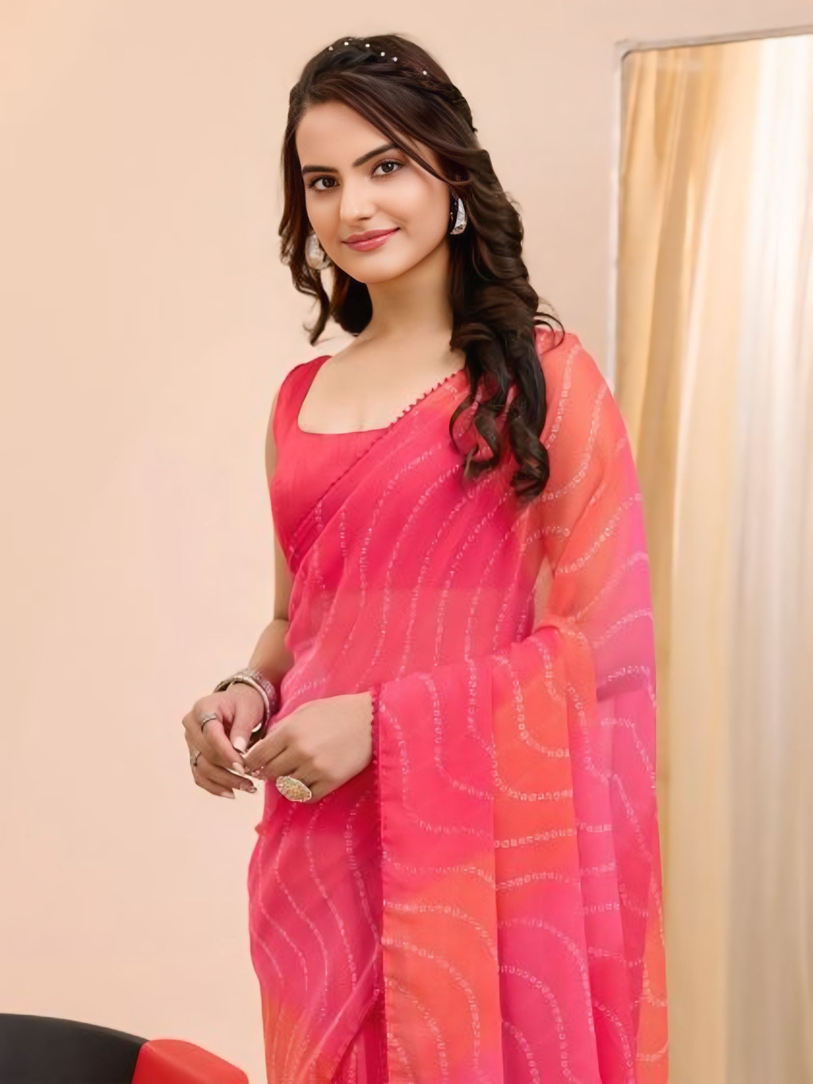 One Minute Ready To Wear Pink Hook And Drawstring With Unstitched Blouse Saree