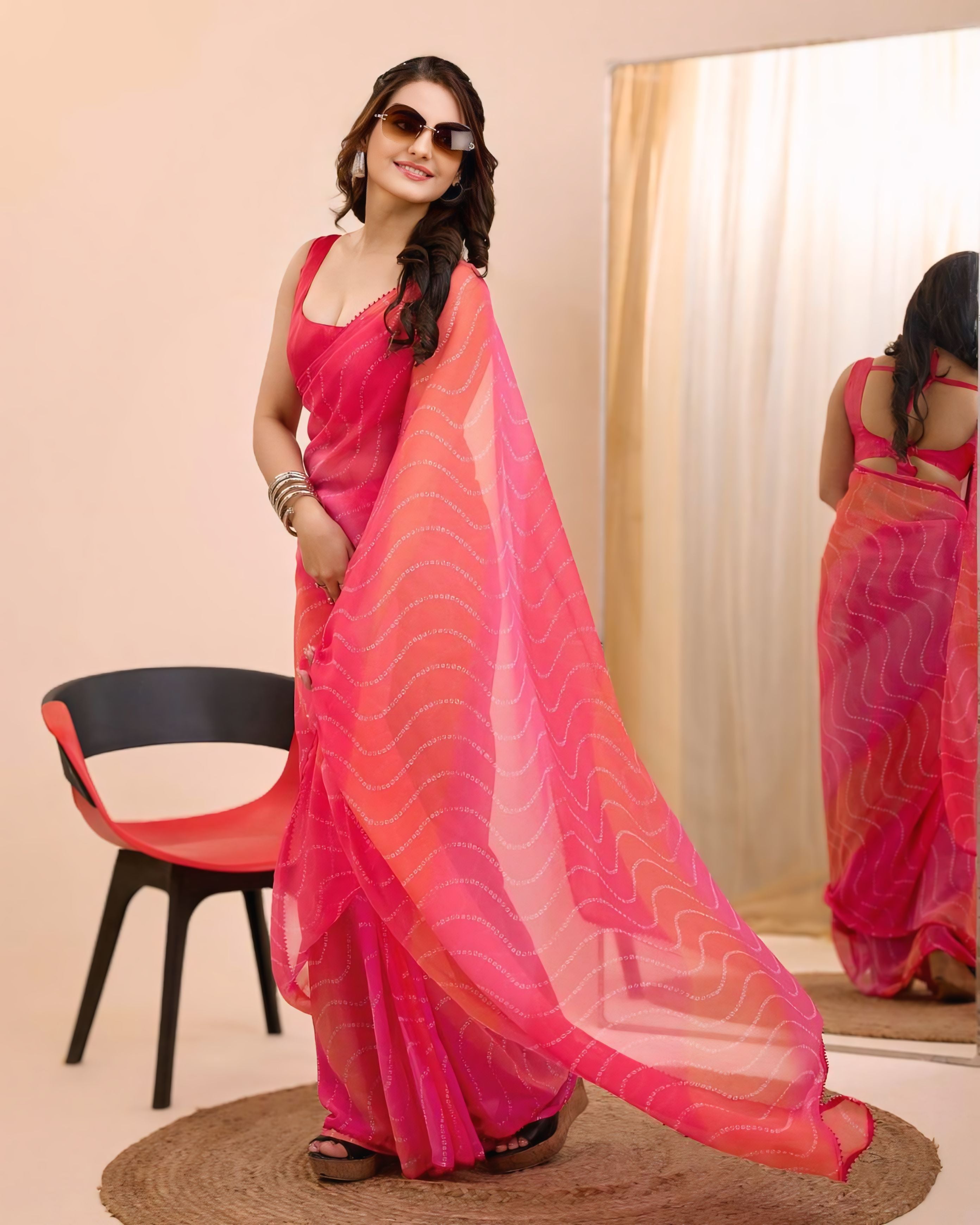 One Minute Ready To Wear Pink Hook And Drawstring With Unstitched Blouse Saree