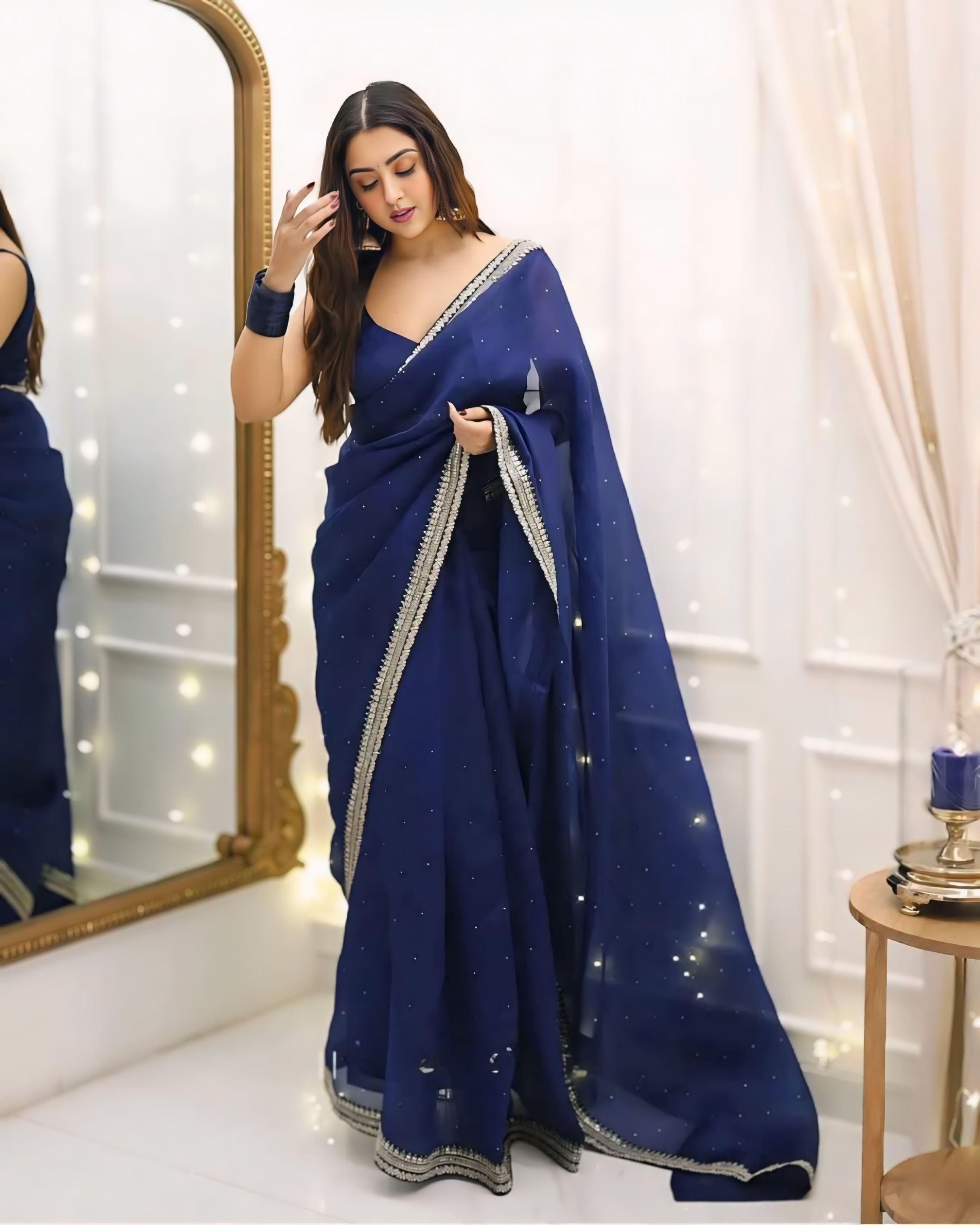 One Minute Ready To Wear Premium Women's Blue Silk Georgette Moti Worked Bordered Saree With Stitch Blouse