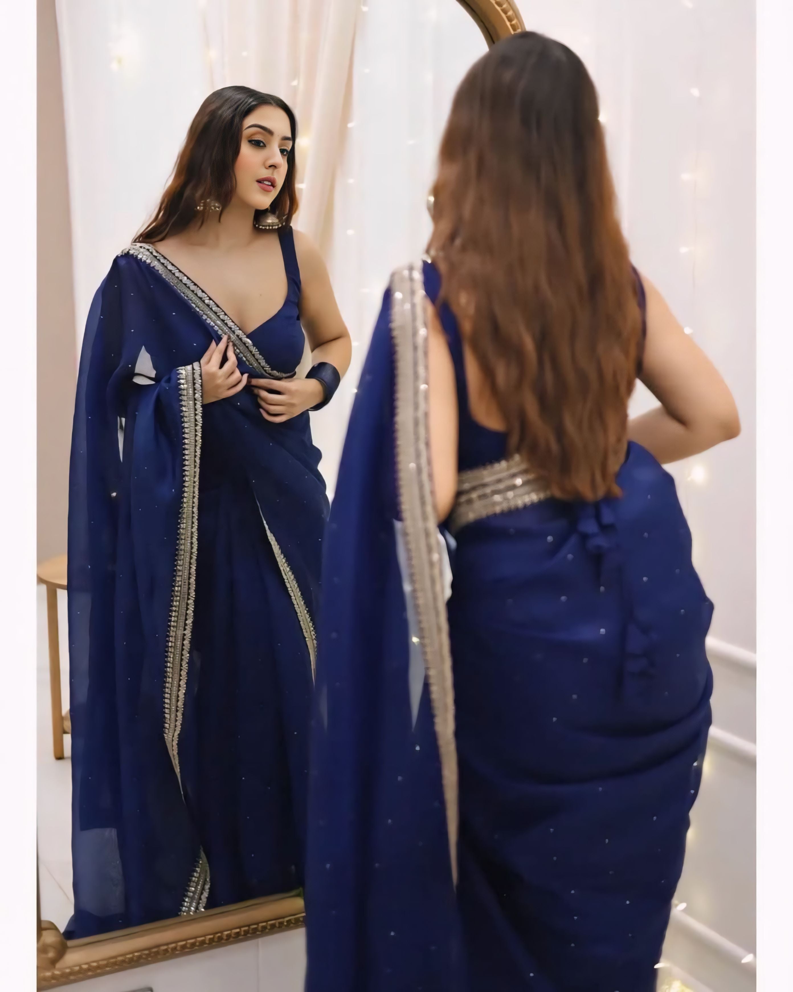 One Minute Ready To Wear Premium Women's Blue Silk Georgette Moti Worked Bordered Saree With Stitch Blouse