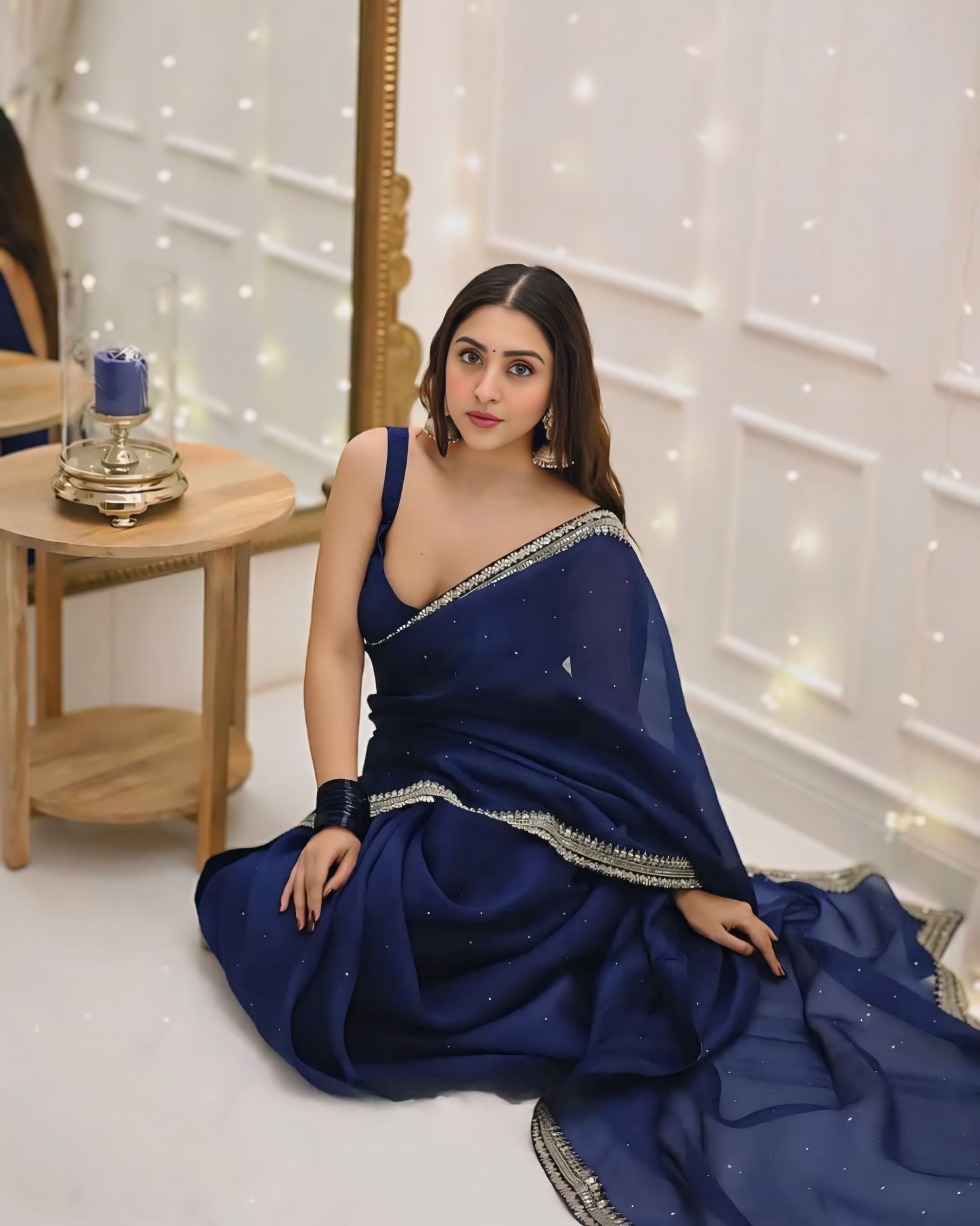 One Minute Ready To Wear Premium Women's Blue Silk Georgette Moti Worked Bordered Saree With Stitch Blouse