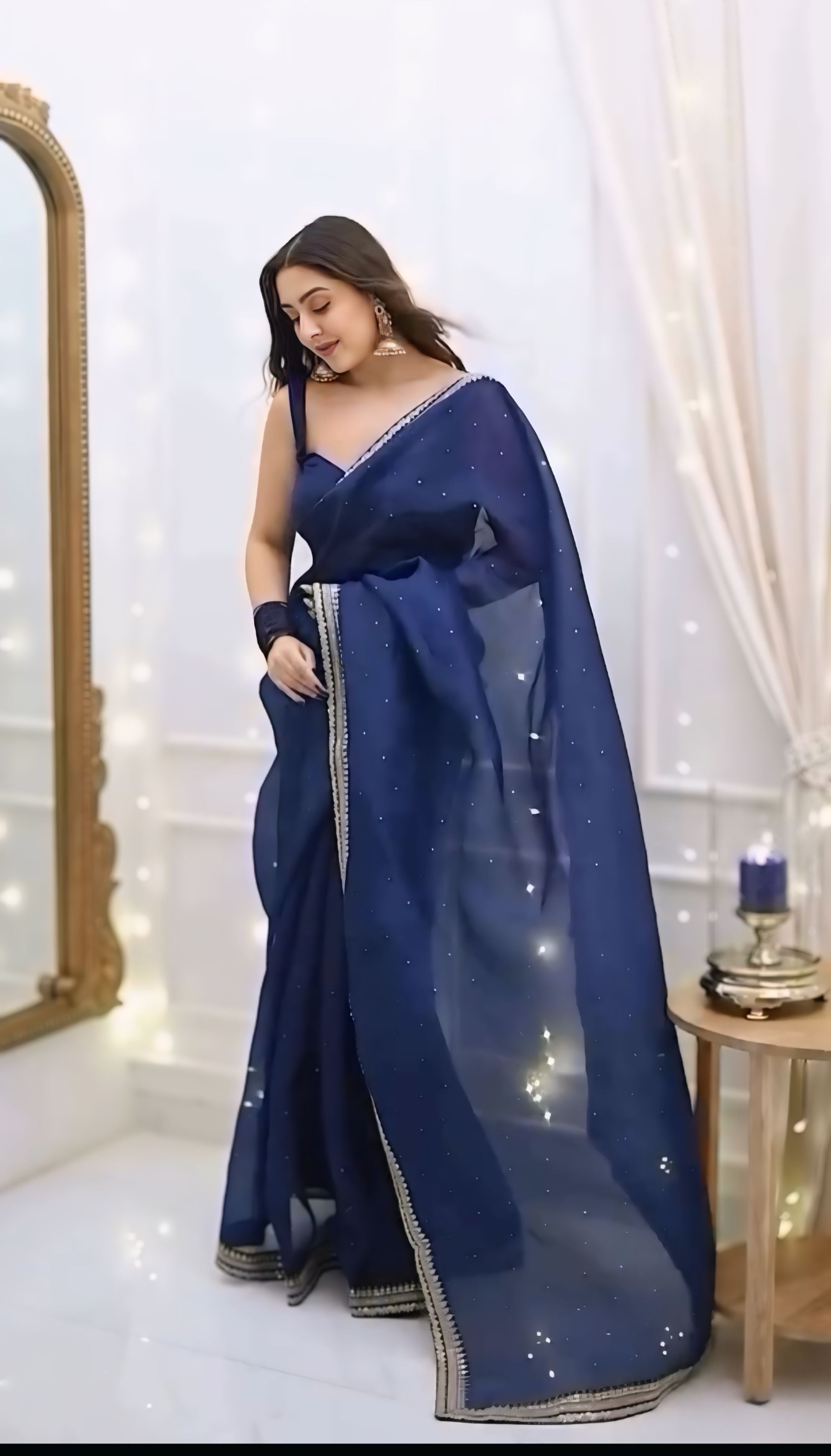 One Minute Ready To Wear Premium Women's Blue Silk Georgette Moti Worked Bordered Saree With Stitch Blouse