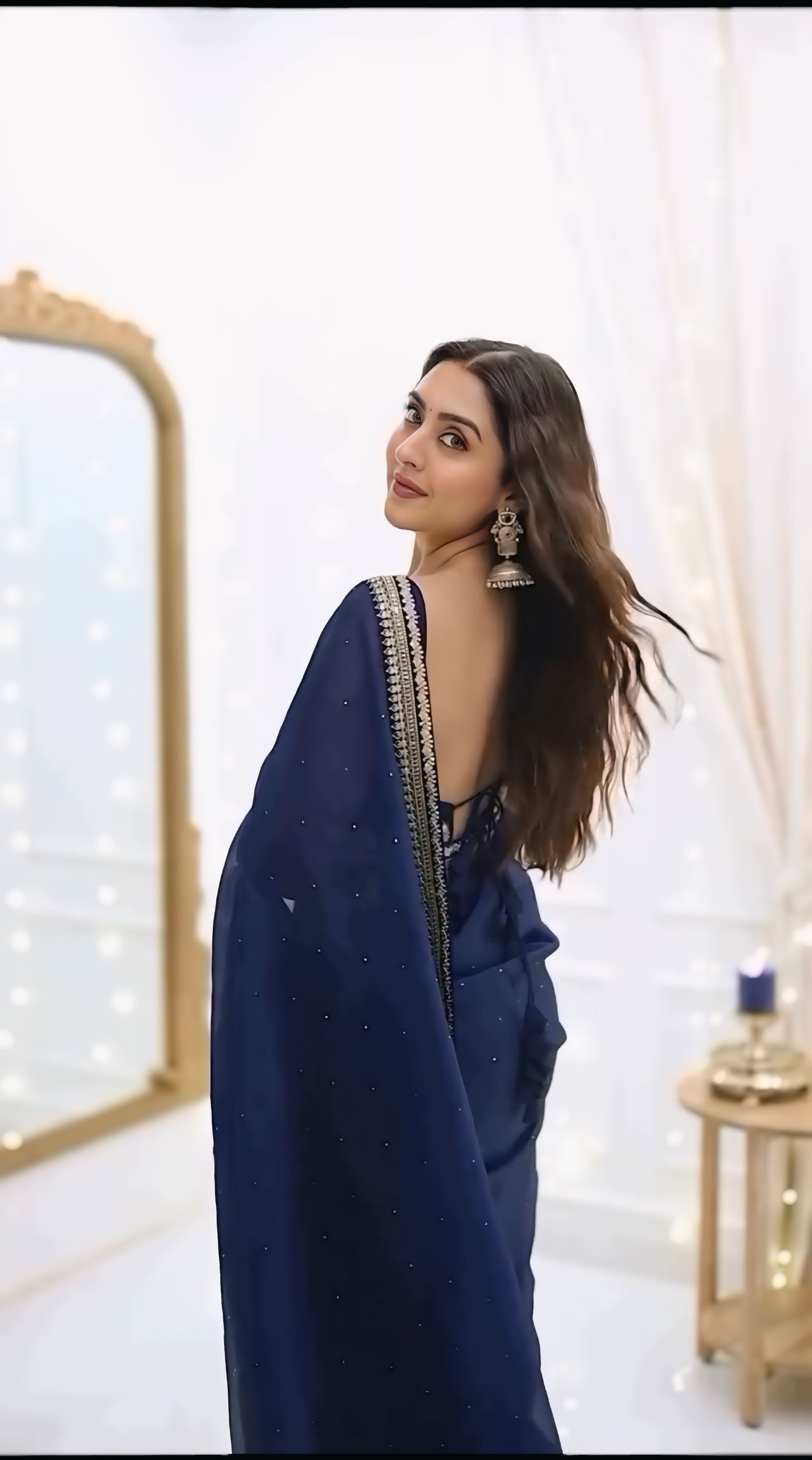 One Minute Ready To Wear Premium Women's Blue Silk Georgette Moti Worked Bordered Saree With Stitch Blouse