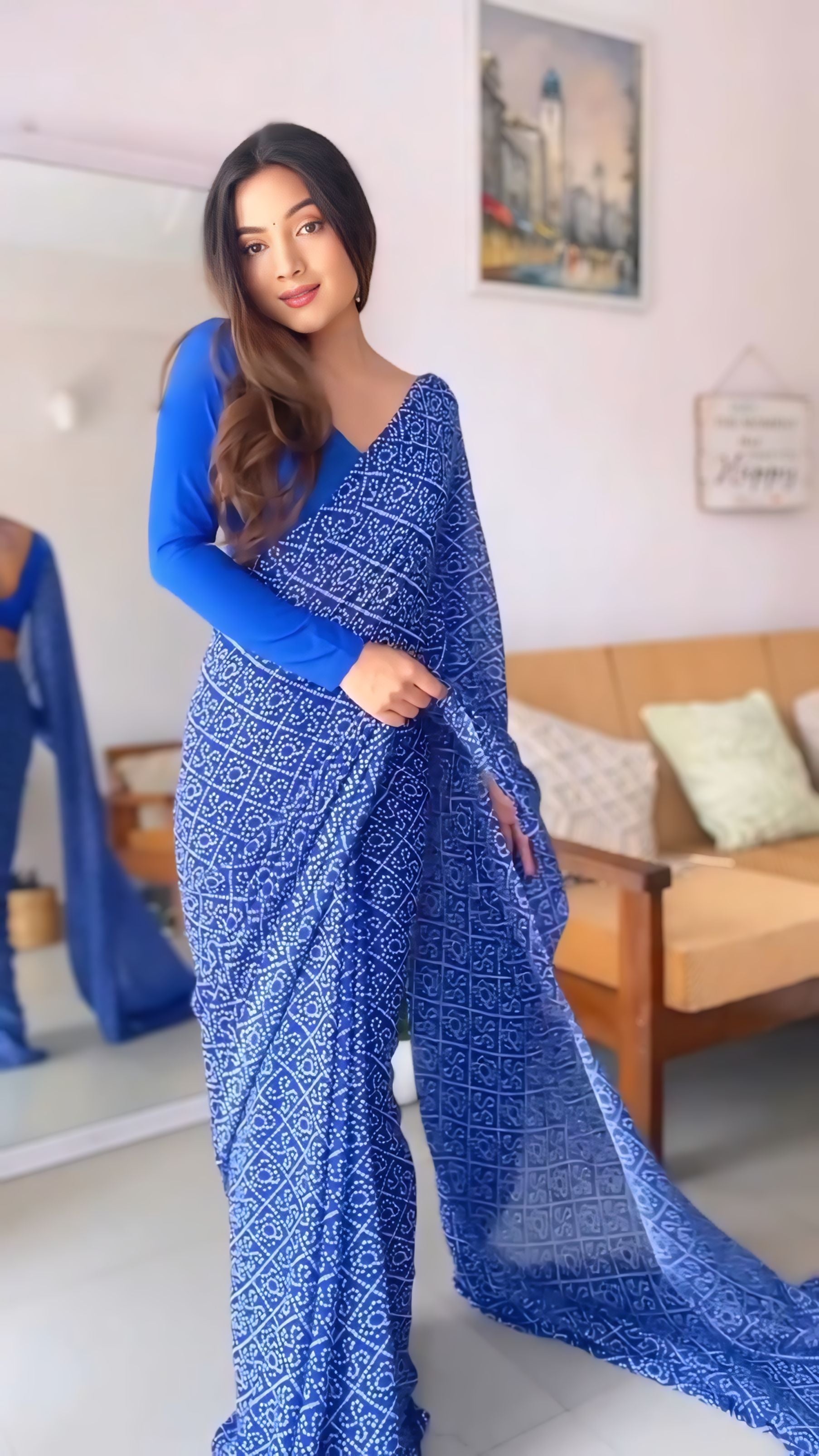 One Minute Ready To Wear Blue Bandhani Printed Saree