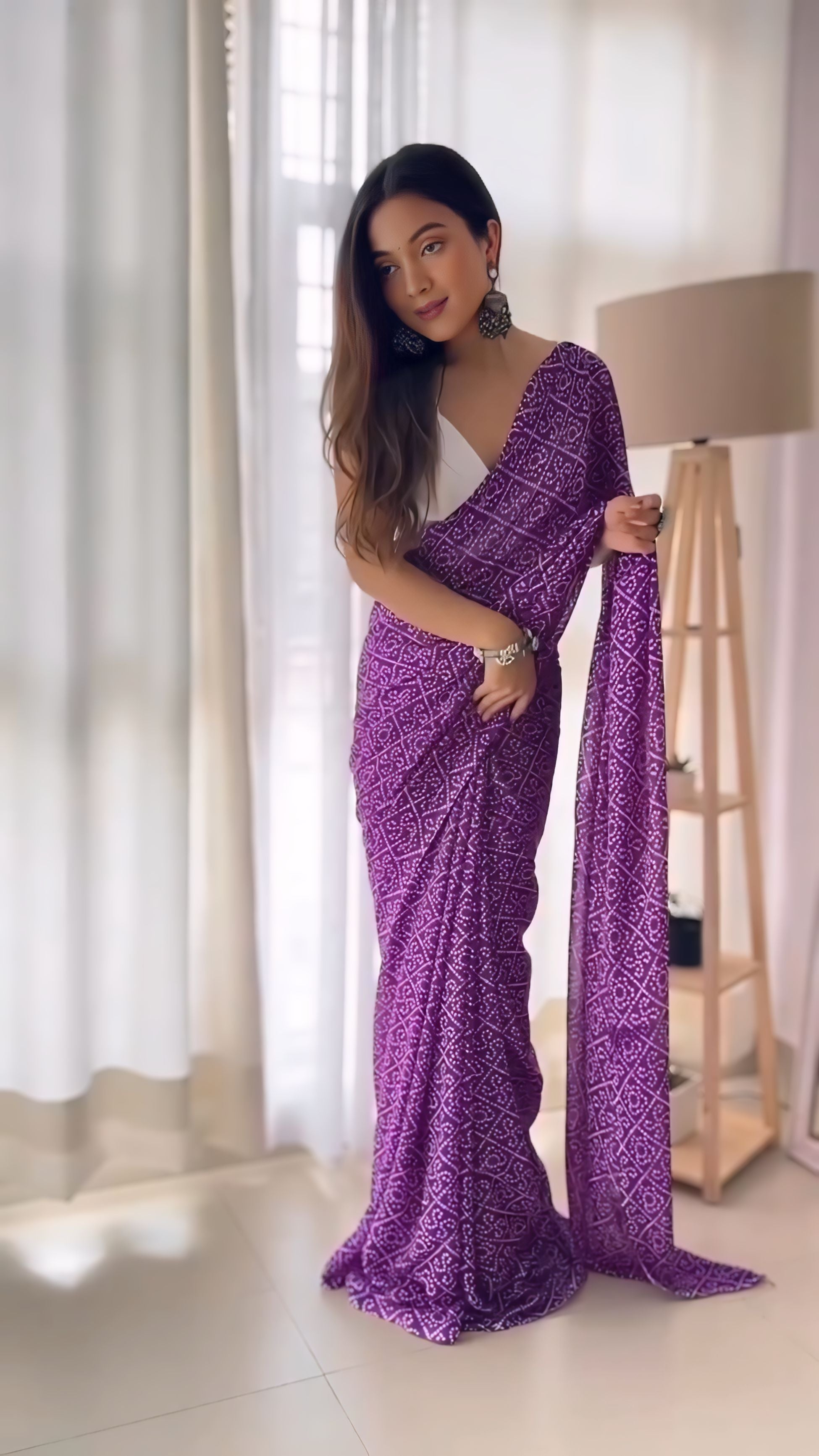One Minute Ready To Wear Purple Georgette Printed Saree
