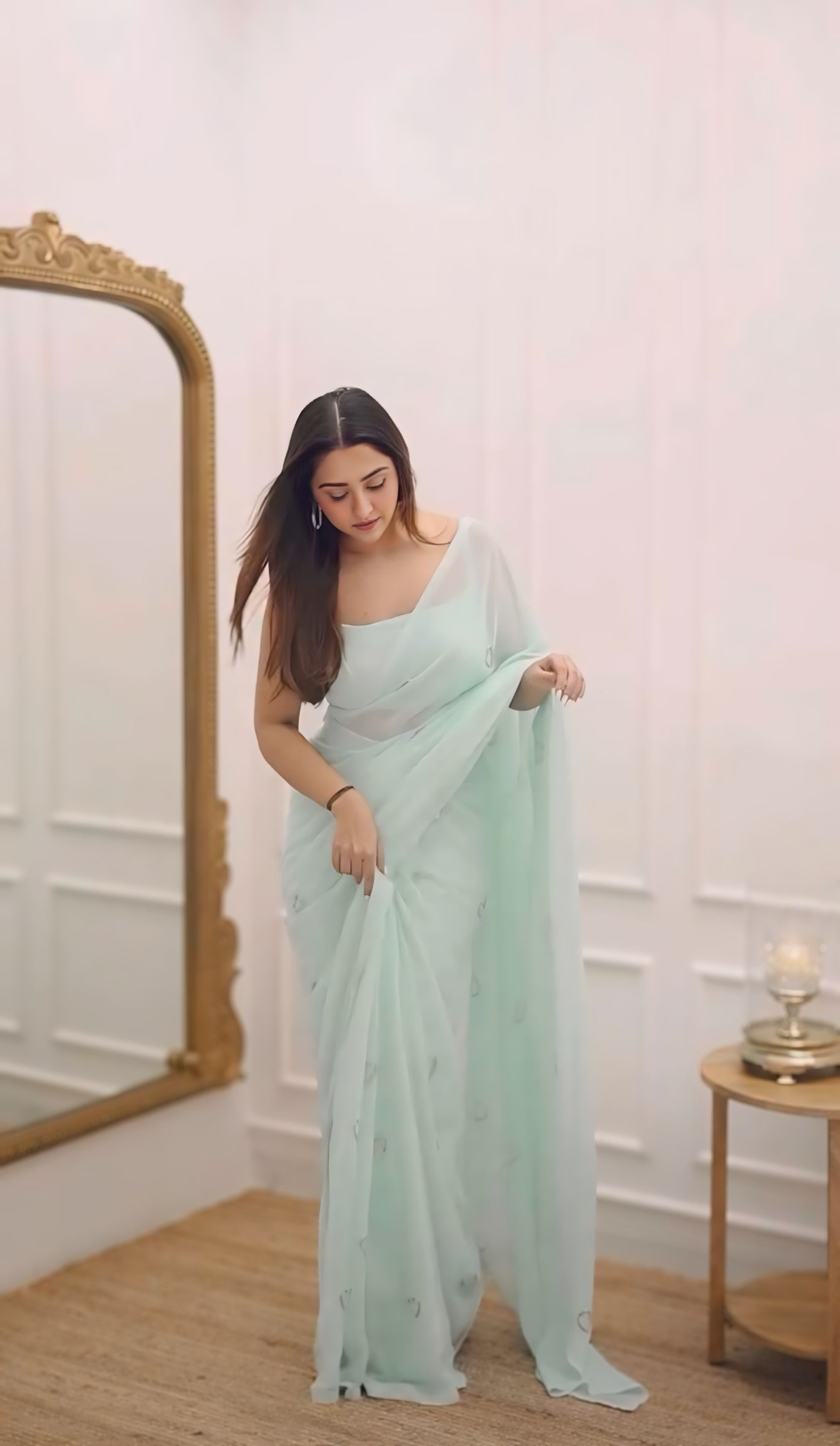 One Minute Ready To Wear Pastel Green Handblock Printed Chiffon Saree With Stitch Blouse