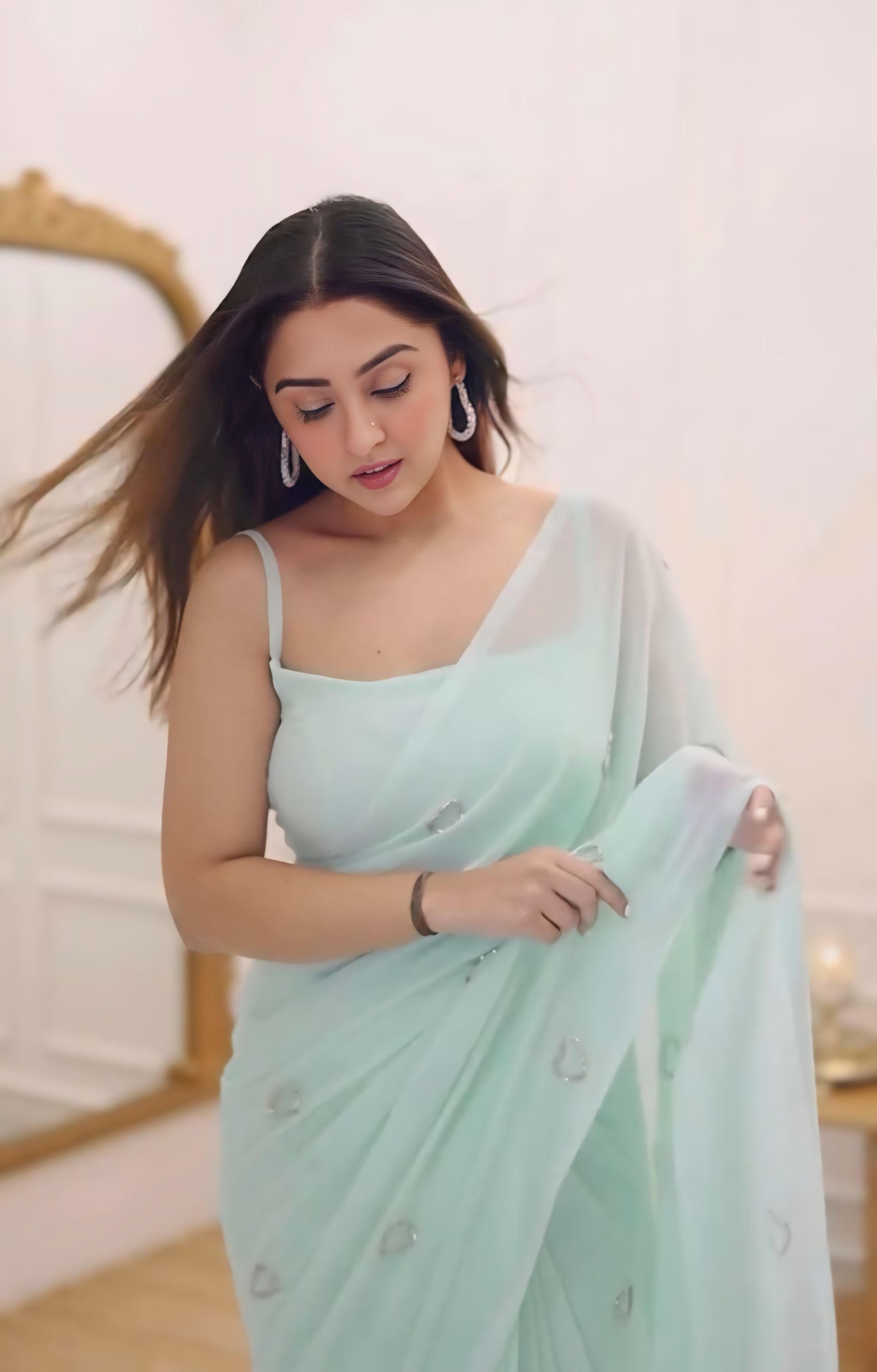 One Minute Ready To Wear Pastel Green Handblock Printed Chiffon Saree With Stitch Blouse
