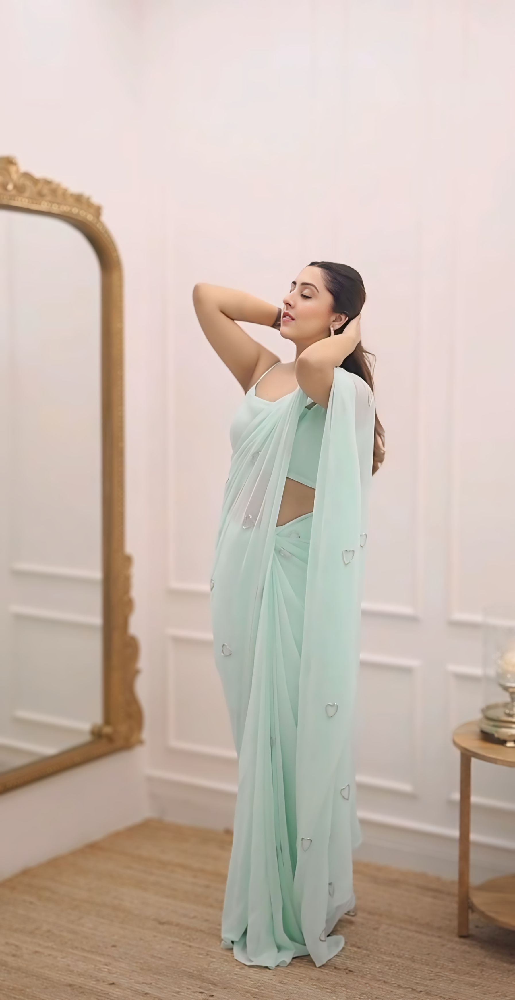 One Minute Ready To Wear Pastel Green Handblock Printed Chiffon Saree With Stitch Blouse
