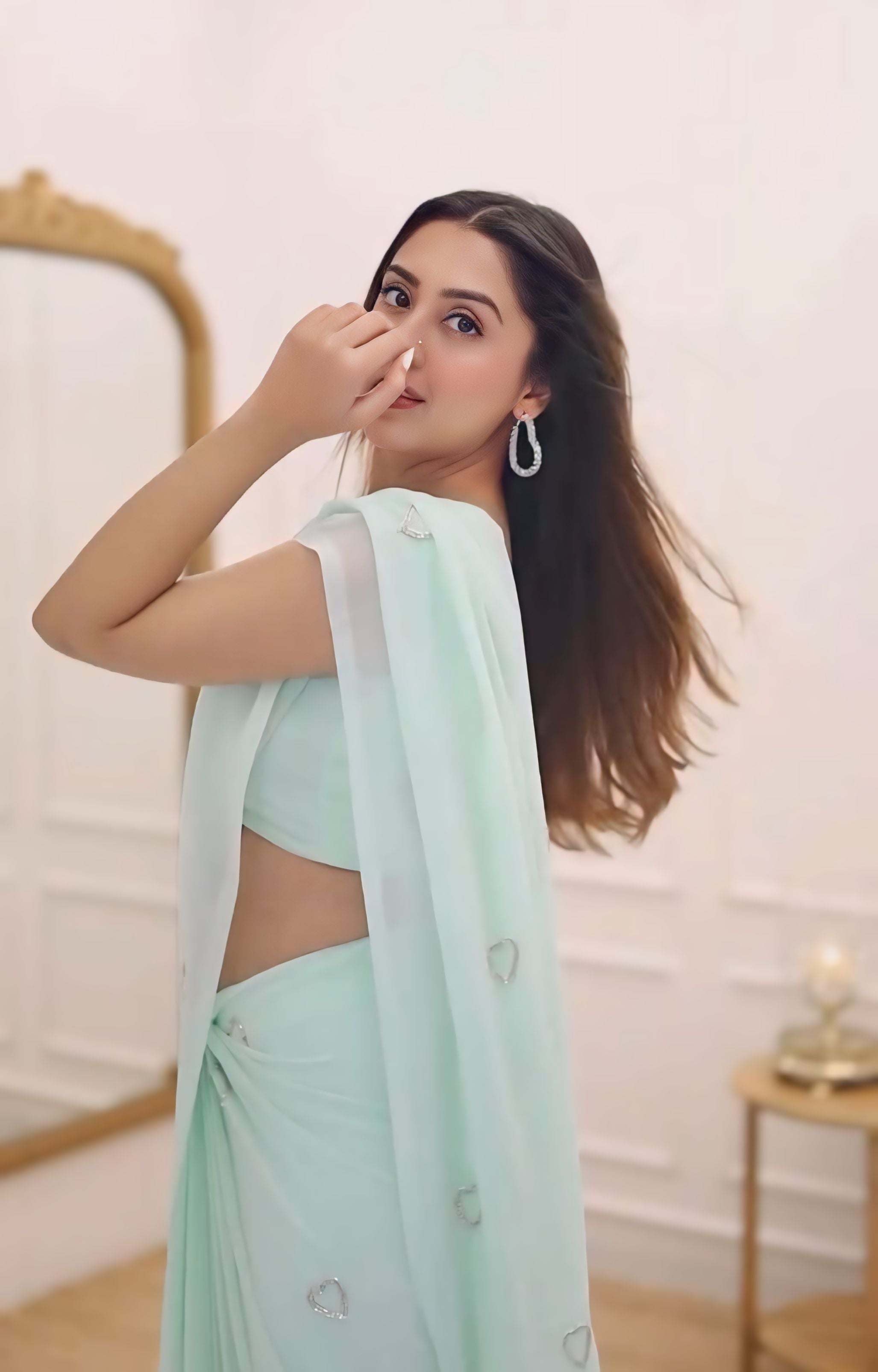 One Minute Ready To Wear Pastel Green Handblock Printed Chiffon Saree With Stitch Blouse