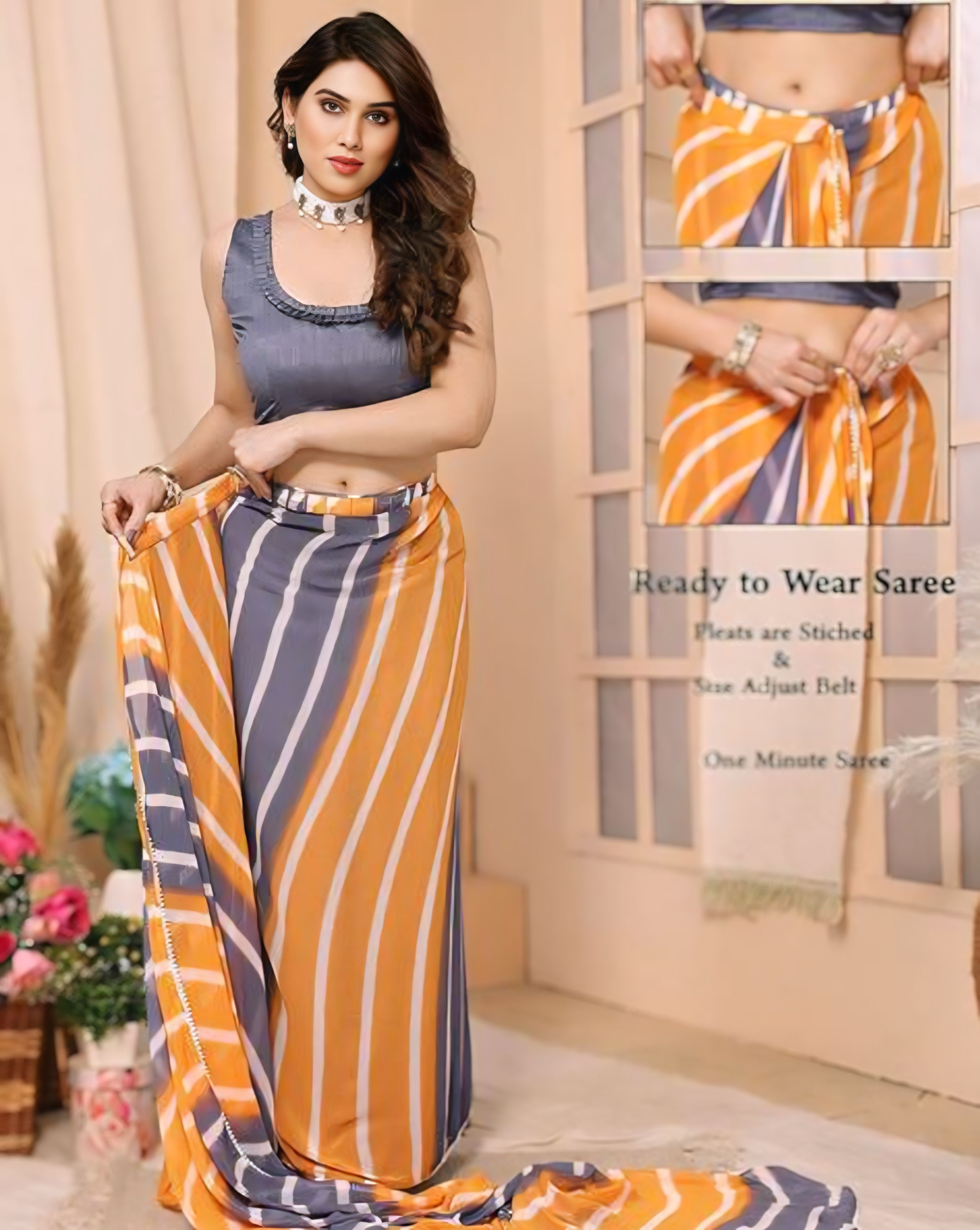 One Minute Ready To Wear Women Striped Multicolor Saree
