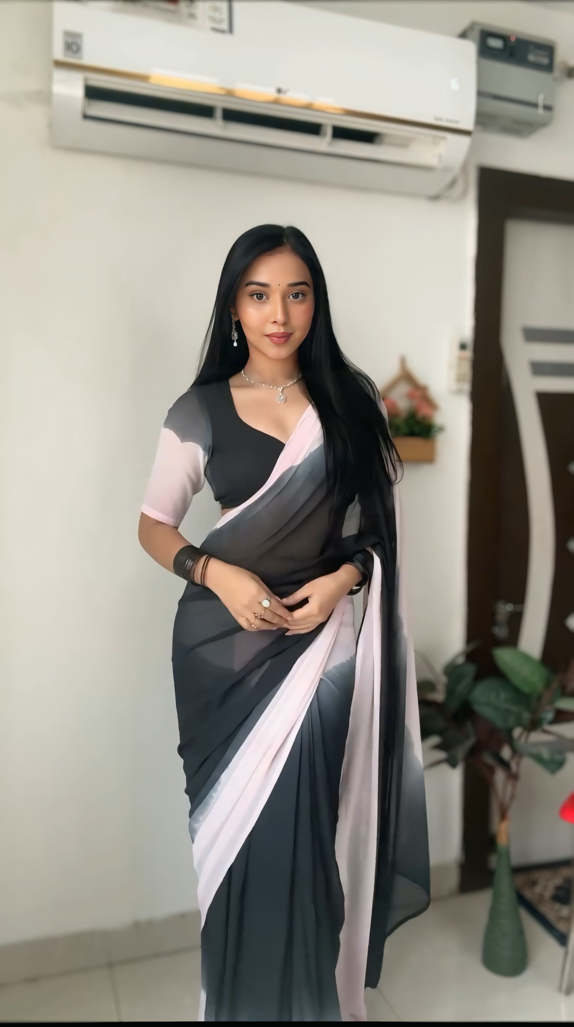 One Minute Ready To Wear Hypnotic Black & White Georgette Saree