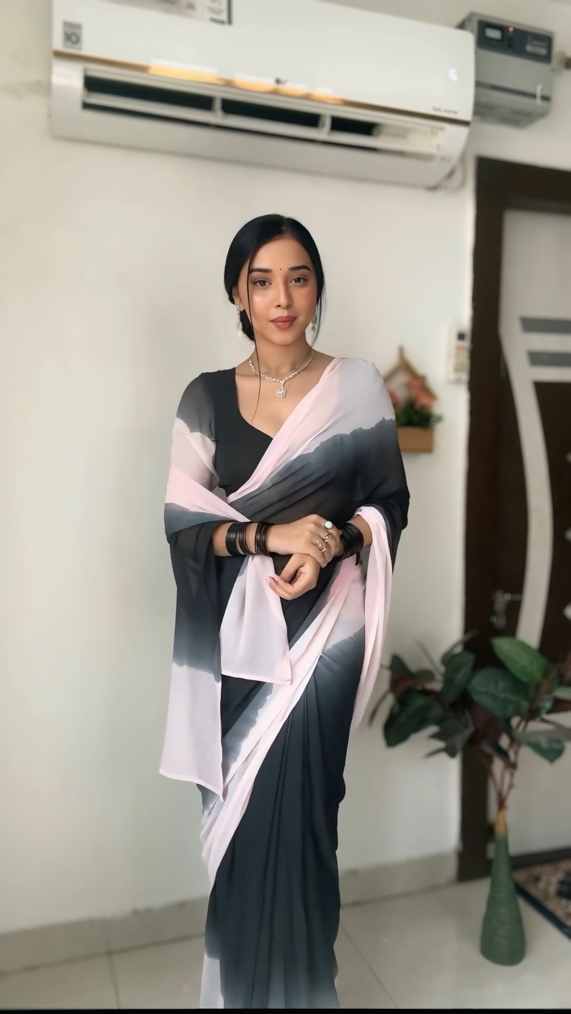 One Minute Ready To Wear Hypnotic Black & White Georgette Saree