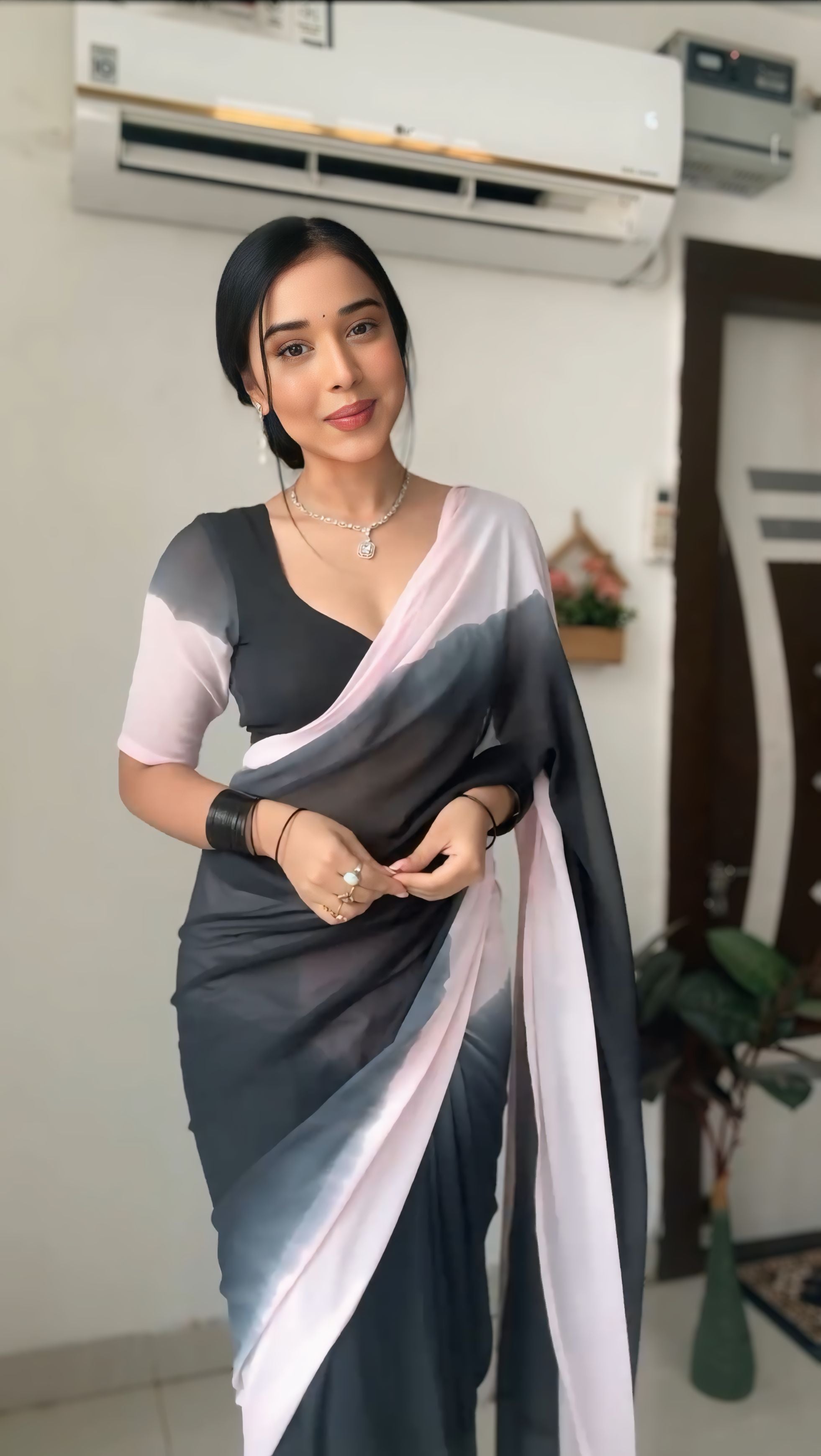 One Minute Ready To Wear Hypnotic Black & White Georgette Saree